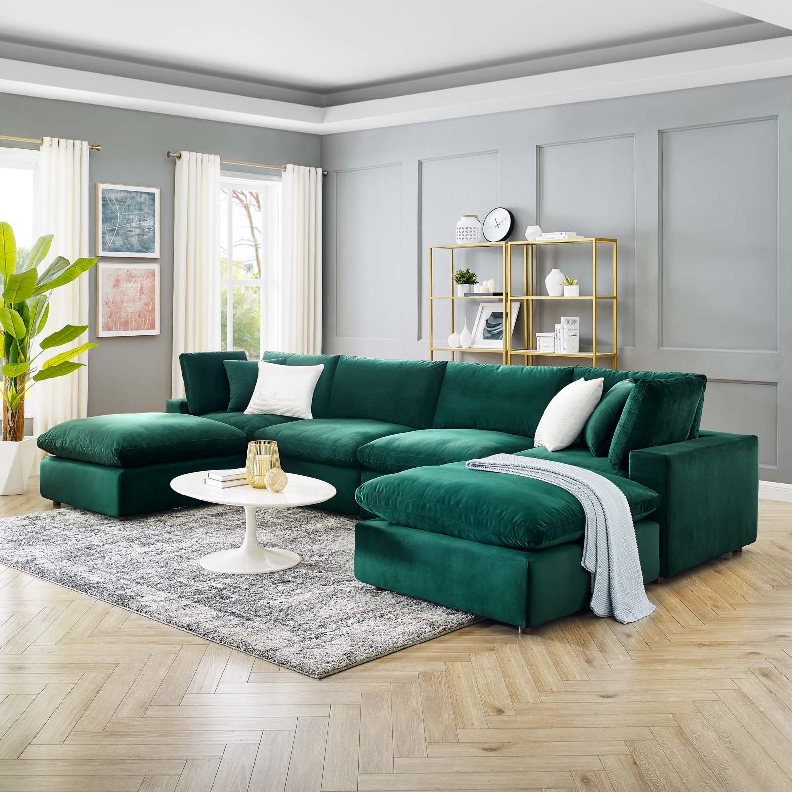 Modway Sectional Sofas - Commix Overstuffed Performance Velvet 6-Piece Sectional Sofa Green