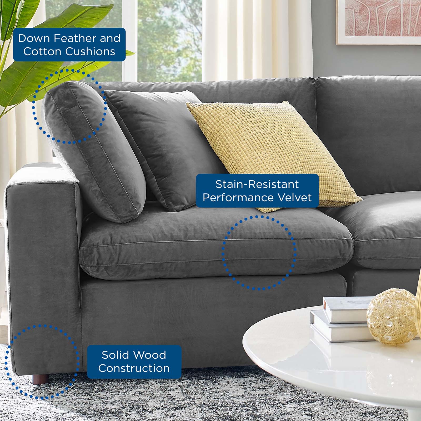 Modway Sectional Sofas - Commix Down Filled Overstuffed Performance Velvet 35" H 6-Piece Sectional Sofa Gray
