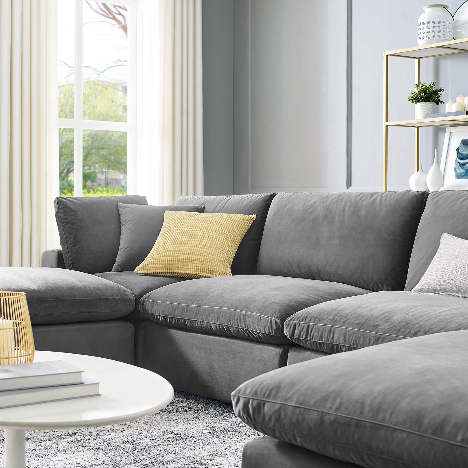 Modway Sectional Sofas - Commix Down Filled Overstuffed Performance Velvet 35" H 6-Piece Sectional Sofa Gray