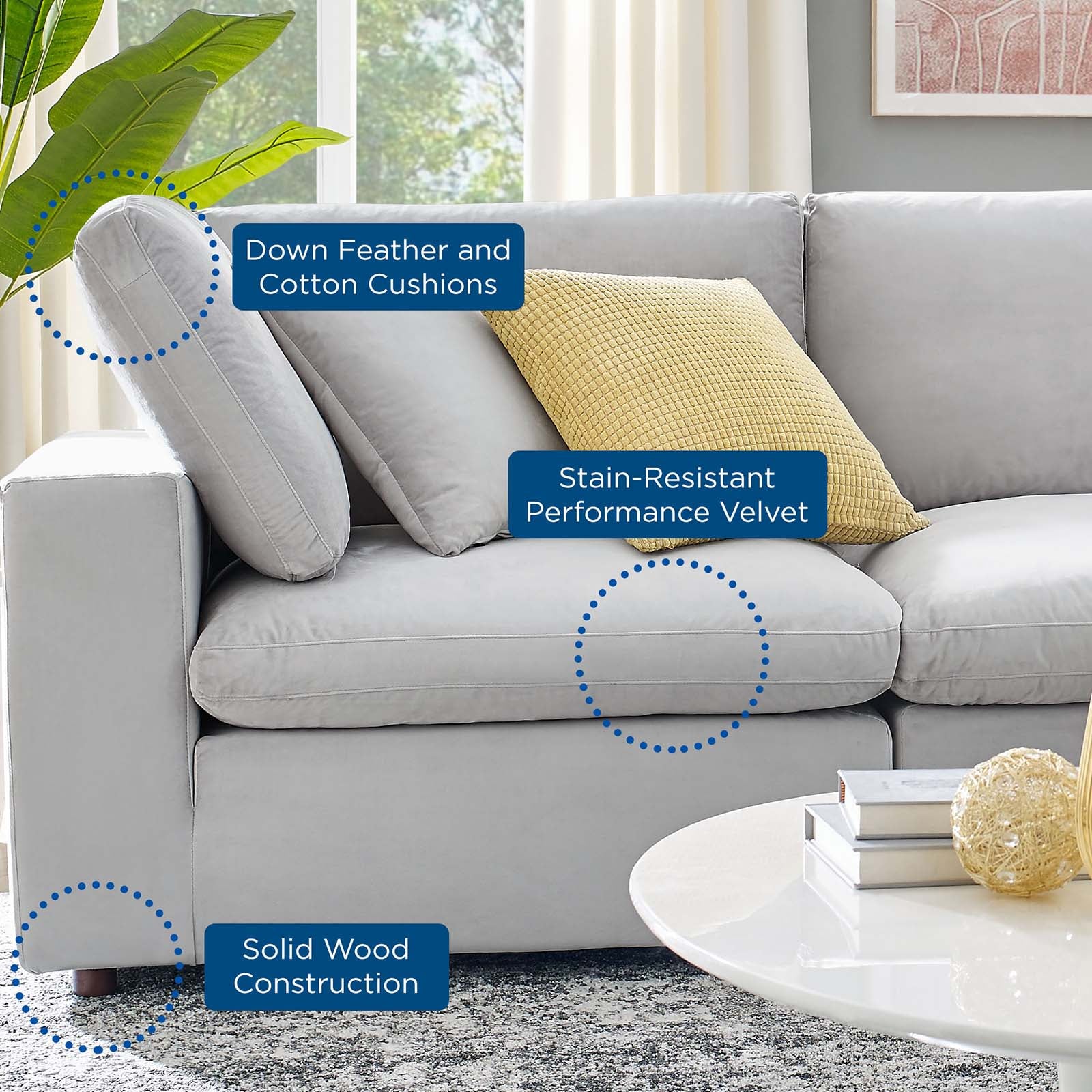 Modway Sectional Sofas - Commix Down Overstuffed Performance Velvet 6-Piece Sectional Sofa Light Gray