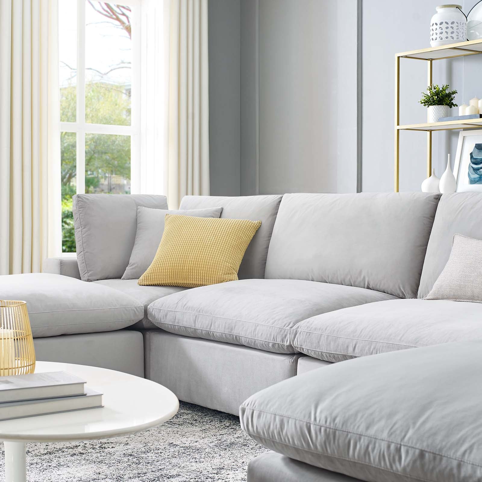 Modway Sectional Sofas - Commix Down Overstuffed Performance Velvet 6-Piece Sectional Sofa Light Gray