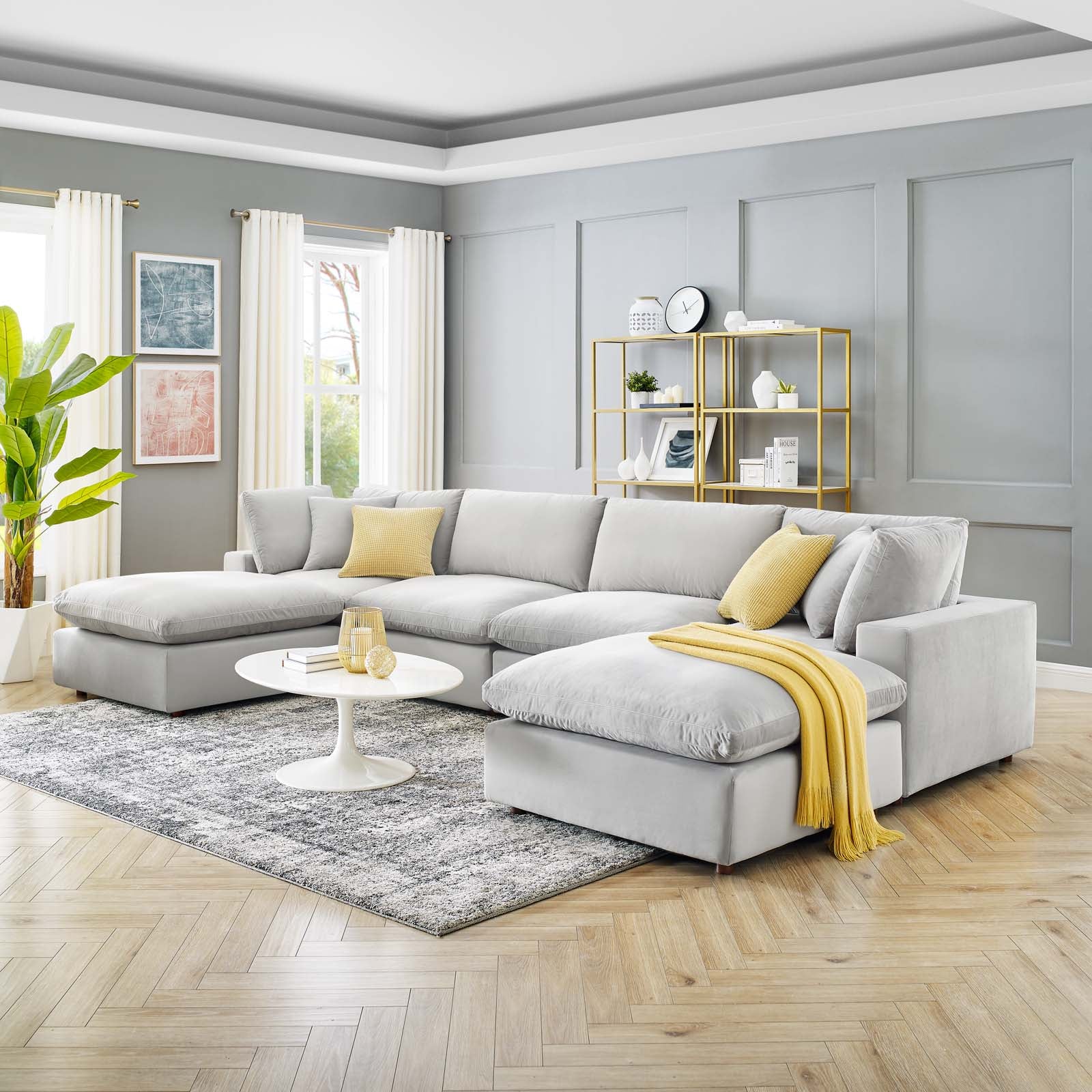 Modway Sectional Sofas - Commix Down Overstuffed Performance Velvet 6-Piece Sectional Sofa Light Gray