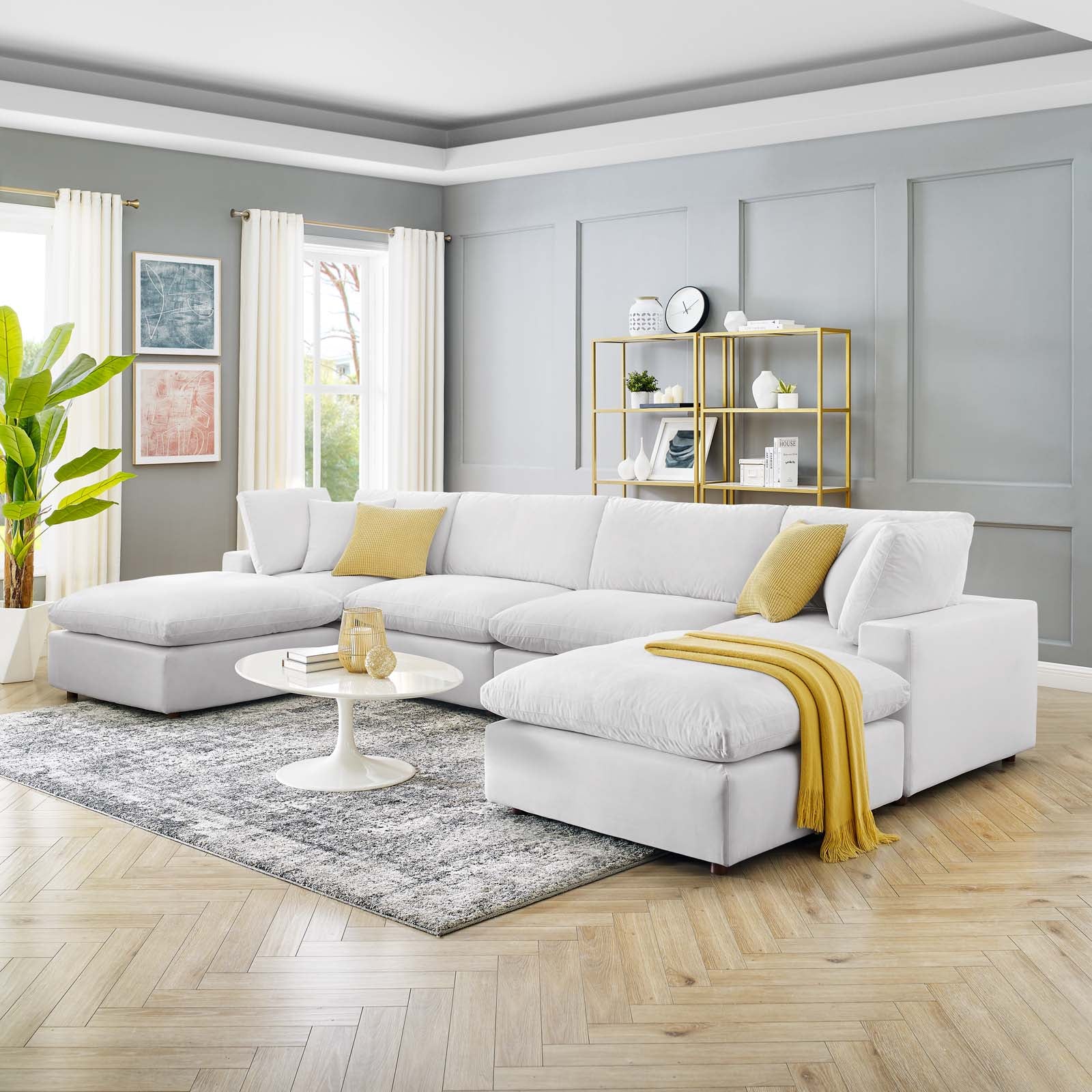 Modway Sectional Sofas - Commix Down Filled Overstuffed Performance Velvet 35 " H 6-Piece Sectional Sofa White