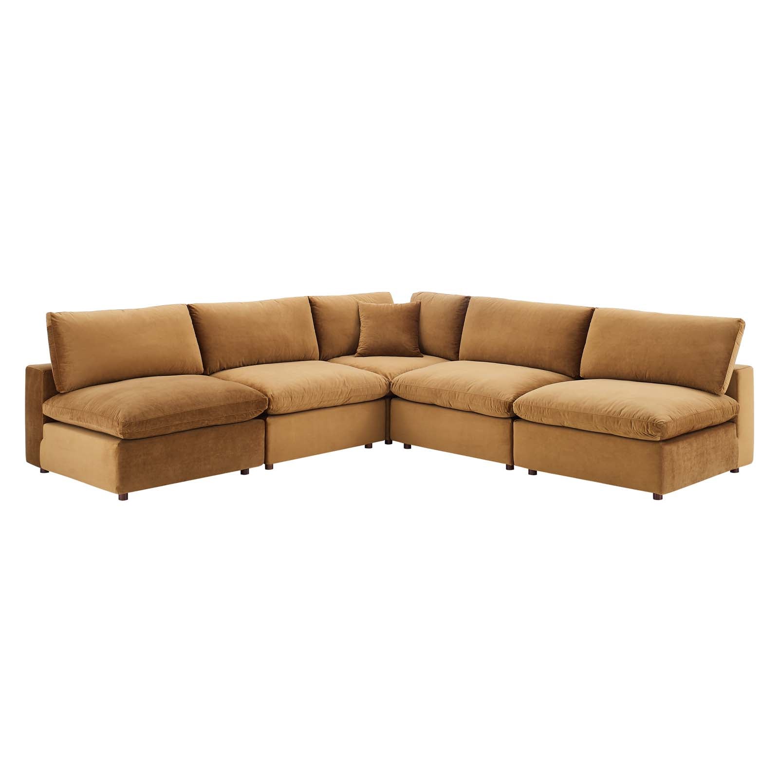 Modway Sectional Sofas - Commix Down Overstuffed Performance Velvet 5 Piece Sectional Sofa Cognac
