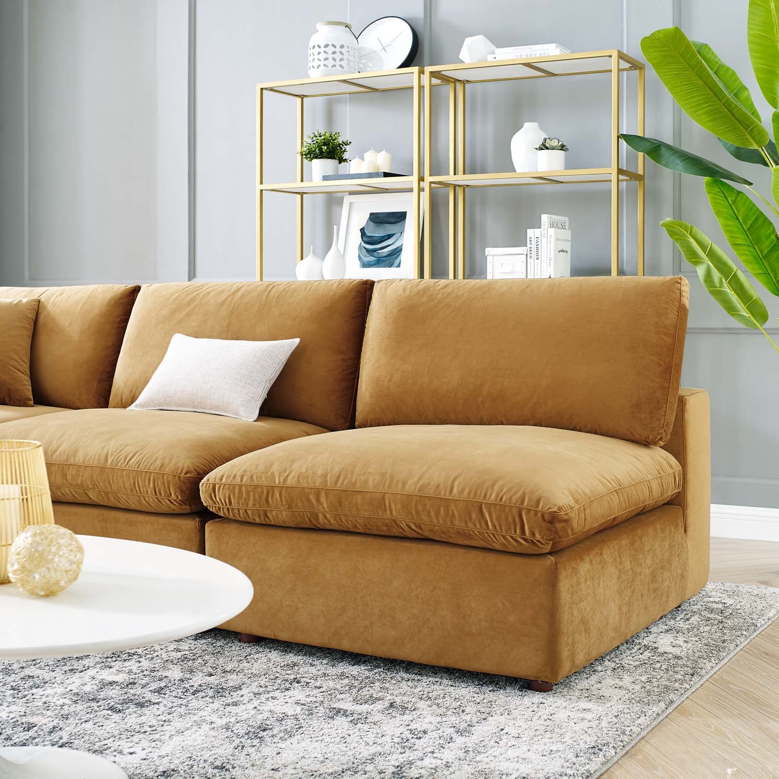 Modway Sectional Sofas - Commix Down Overstuffed Performance Velvet 5 Piece Sectional Sofa Cognac