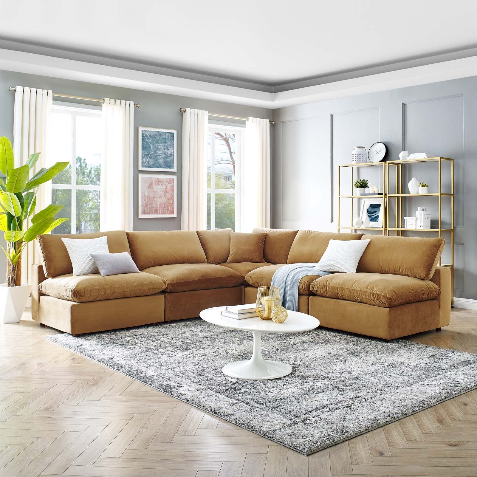 Modway Sectional Sofas - Commix Down Overstuffed Performance Velvet 5 Piece Sectional Sofa Cognac