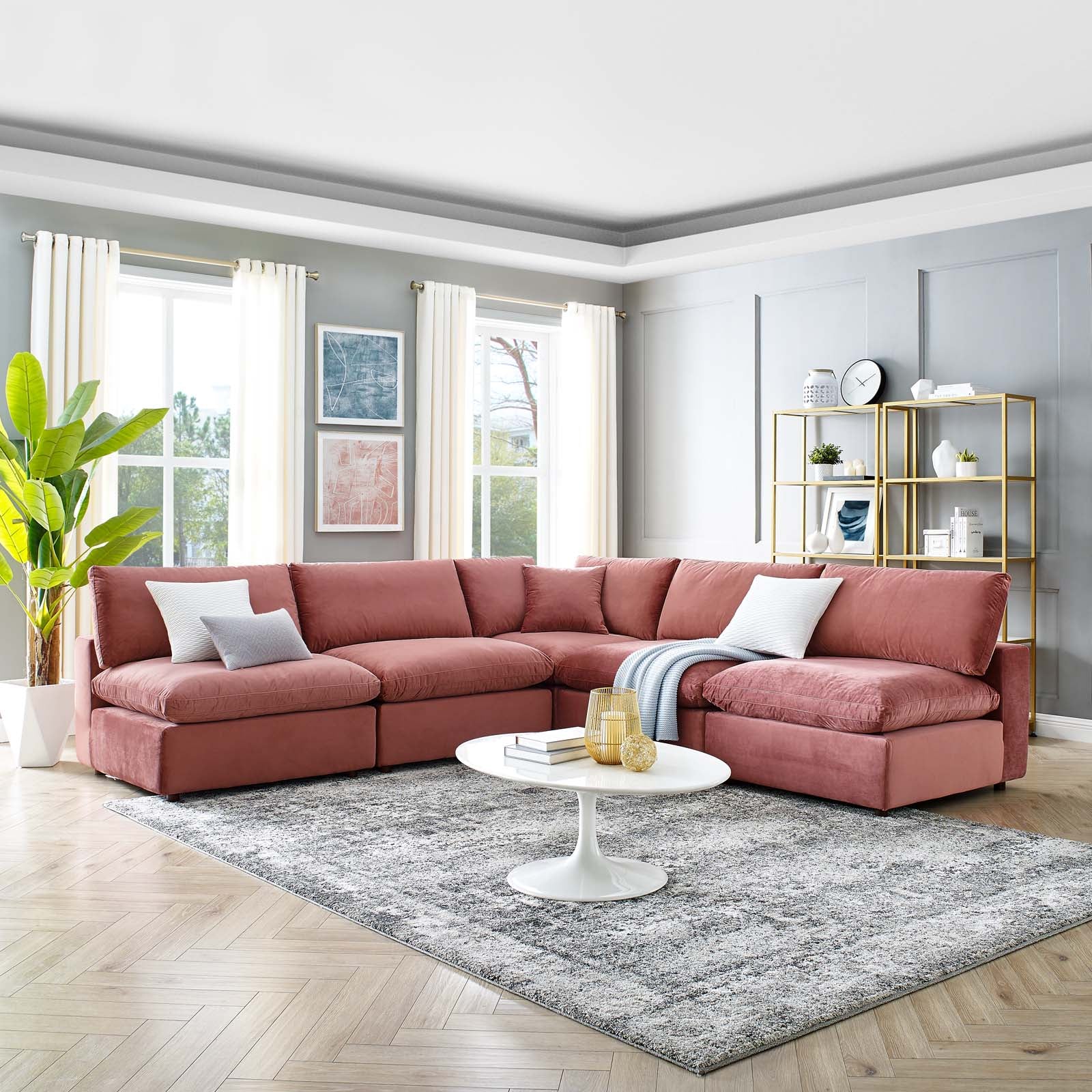Modway Sectional Sofas - Commix Down Filled Overstuffed Performance Velvet 35 " H 5-Piece Sectional Sofa Dusty Rose