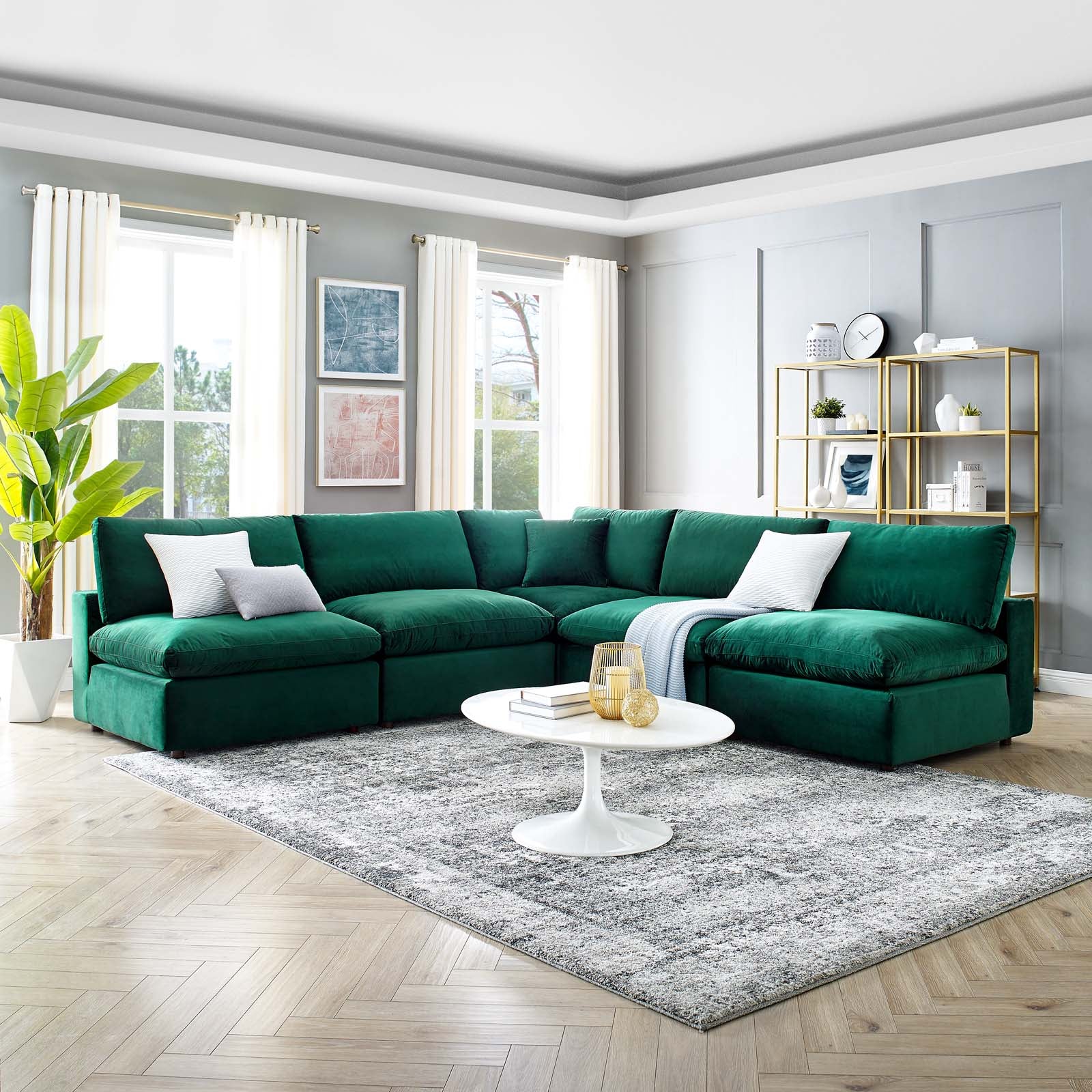 Modway Sectional Sofas - Commix Down Filled Overstuffed Performance Velvet 5-Piece Sectional Sofa Green