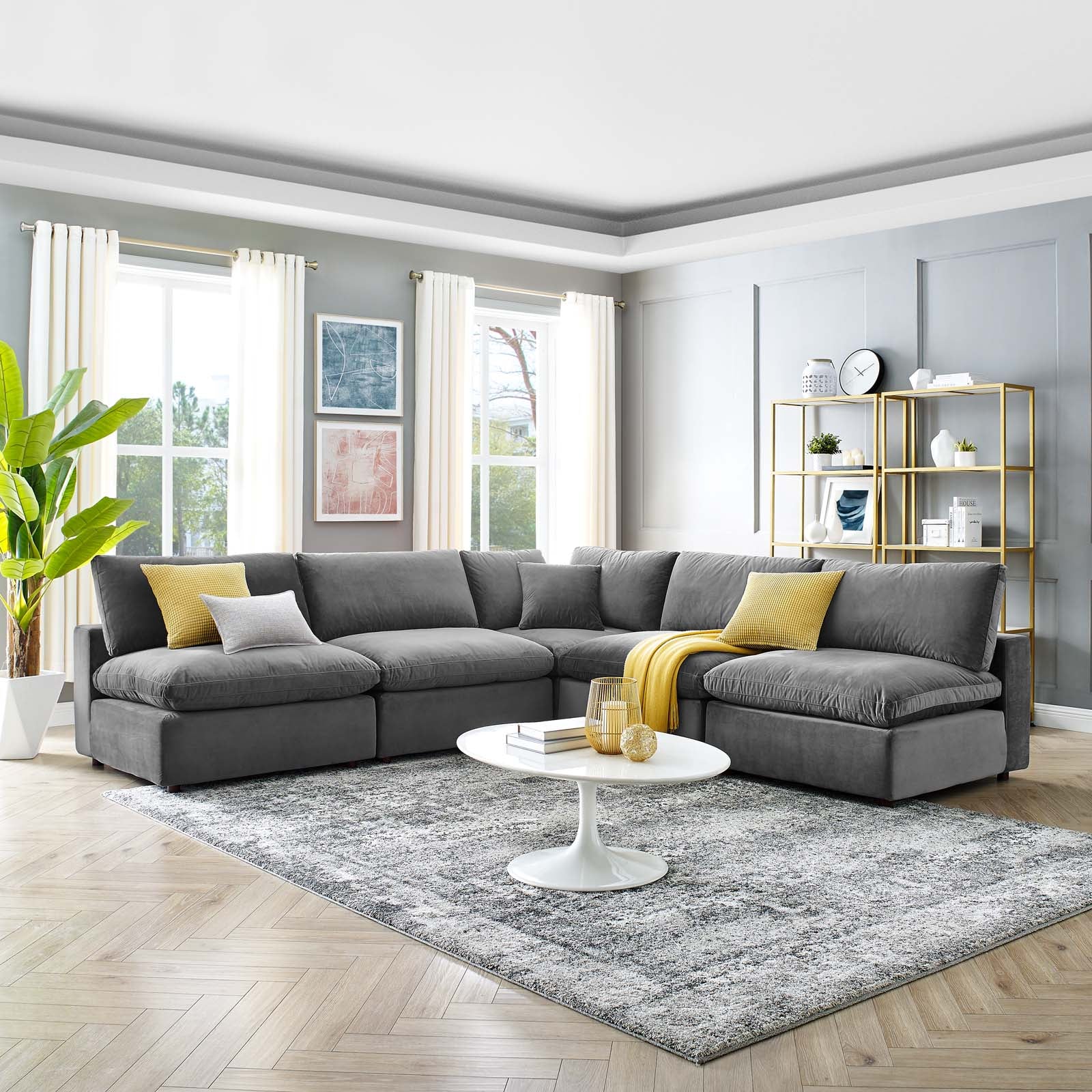 Modway Sectional Sofas - Commix Down Filled Overstuffed Performance Velvet 35 " H 5-Piece Sectional Sofa Gray