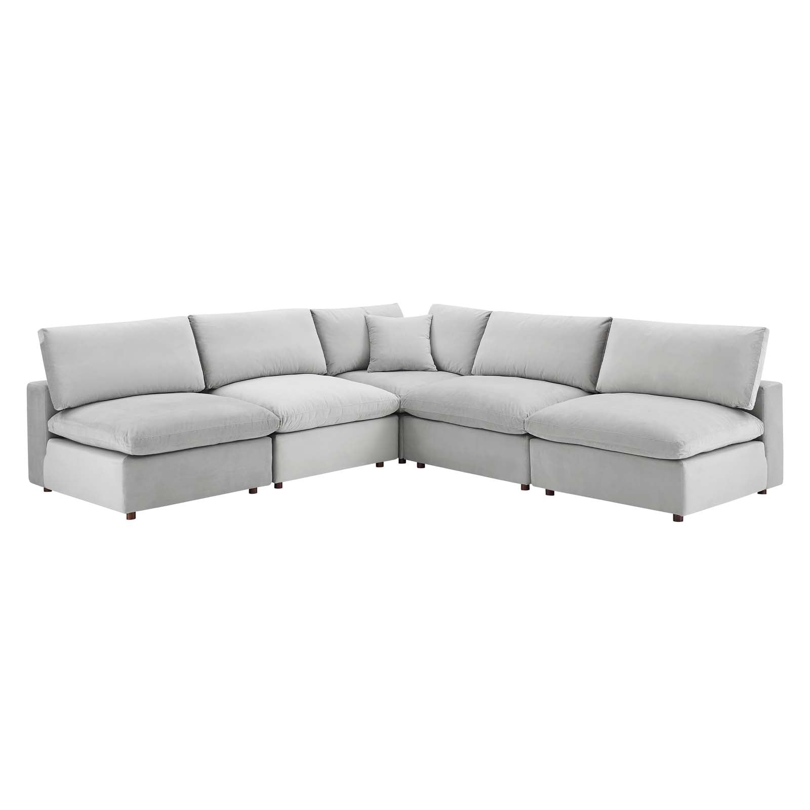 Modway Sectional Sofas - Commix-Down-Filled-Overstuffed-Performance-Velvet-5-Piece-Sectional-Sofa-Light-Gray