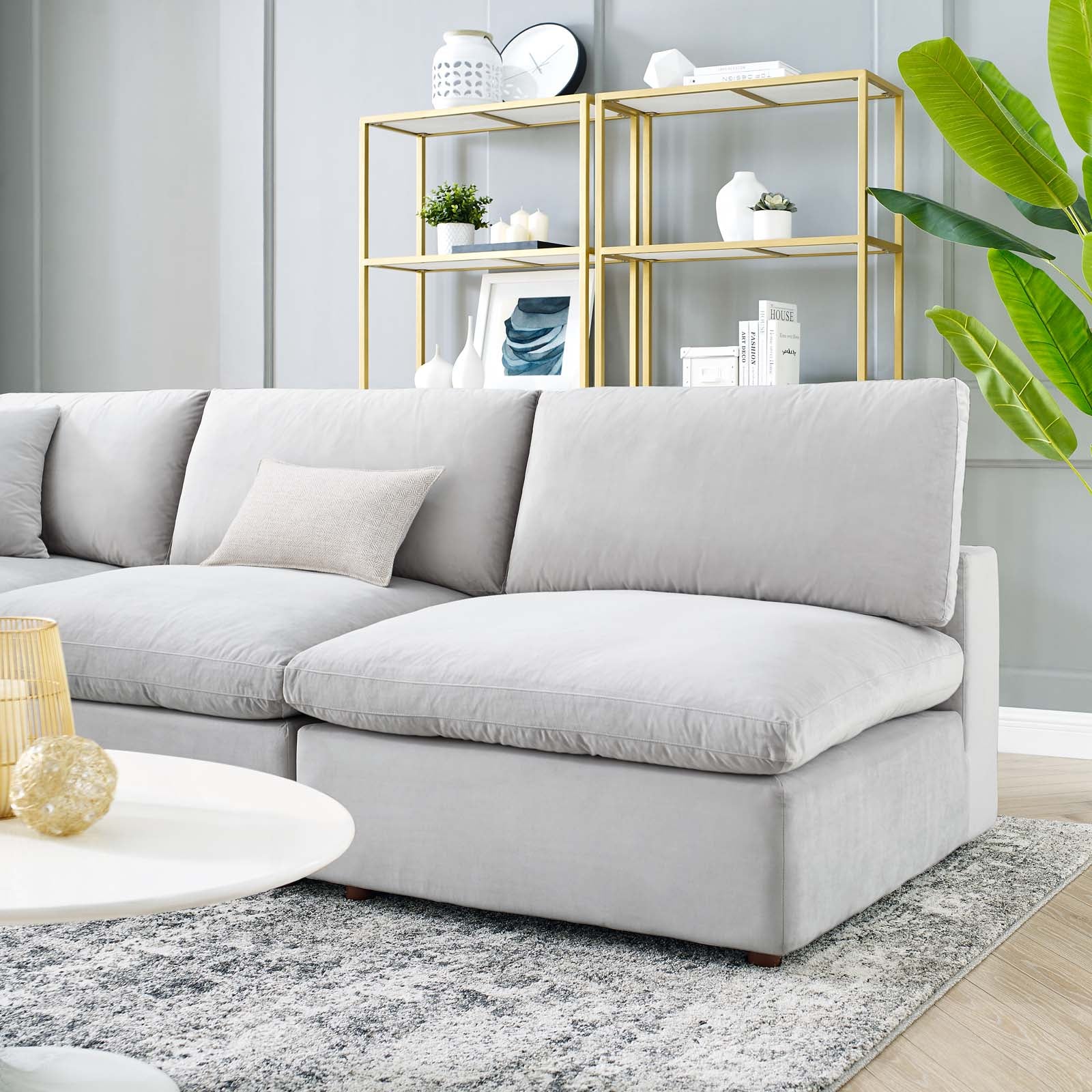 Modway Sectional Sofas - Commix-Down-Filled-Overstuffed-Performance-Velvet-5-Piece-Sectional-Sofa-Light-Gray