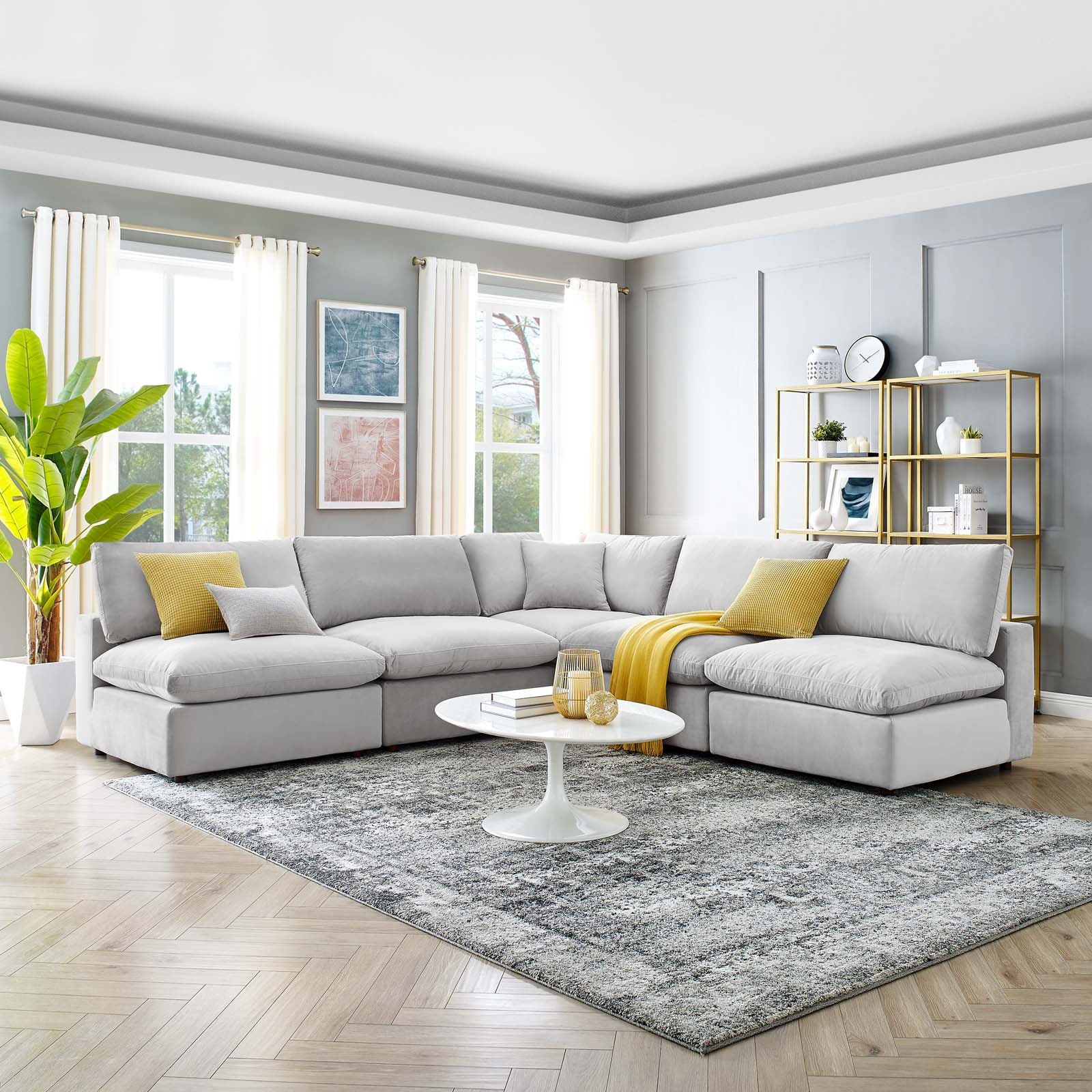 Modway Sectional Sofas - Commix-Down-Filled-Overstuffed-Performance-Velvet-5-Piece-Sectional-Sofa-Light-Gray
