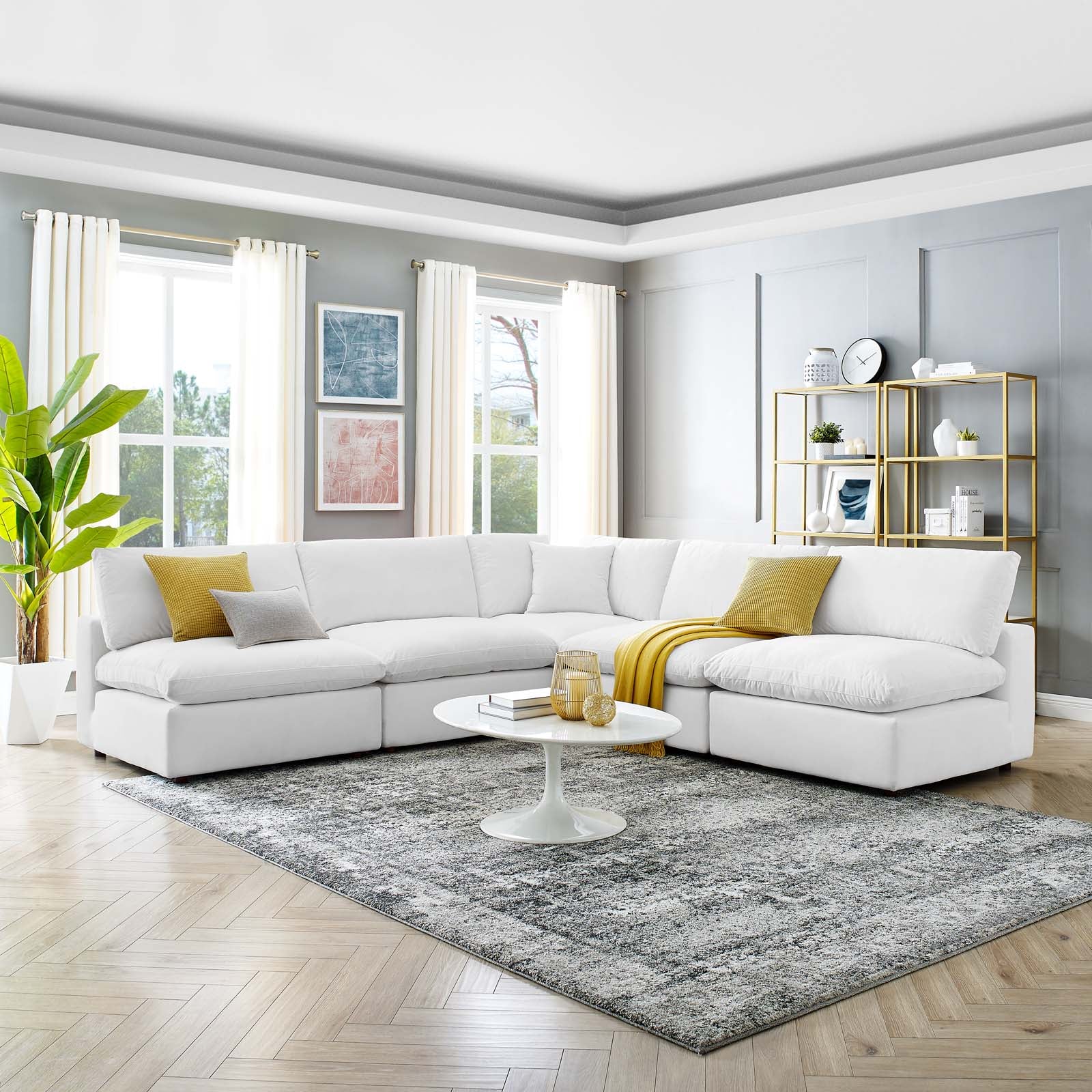 Modway Sectional Sofas - Commix Down Filled Overstuffed Performance Velvet 5-Piece 35 " H Sectional Sofa White