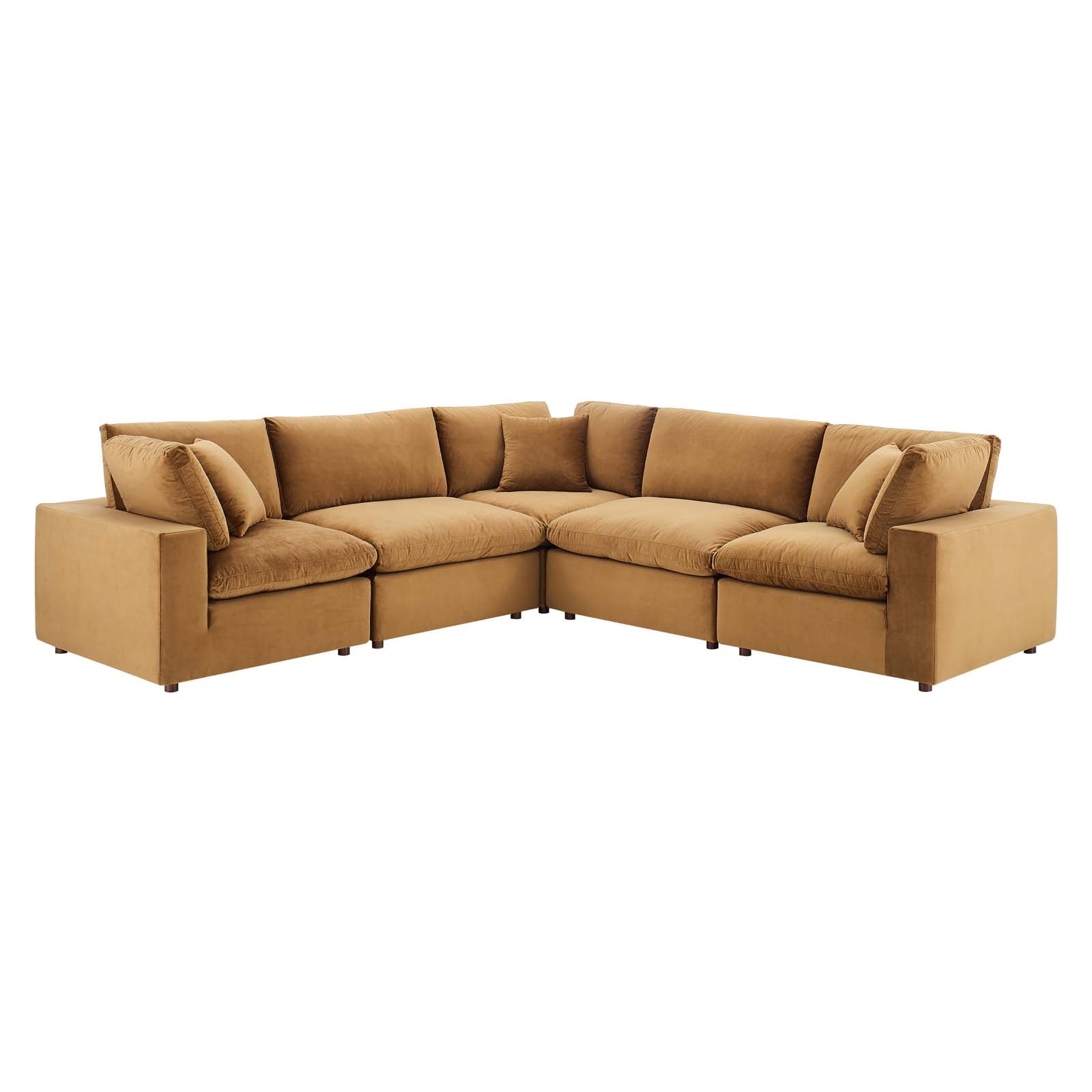 Modway Sectional Sofas - Commix Down Filled Overstuffed Performance Velvet 5 Piece Sectional Sofa Cognac