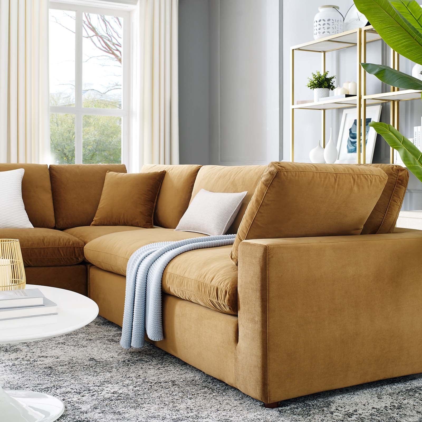 Modway Sectional Sofas - Commix Down Filled Overstuffed Performance Velvet 5 Piece Sectional Sofa Cognac