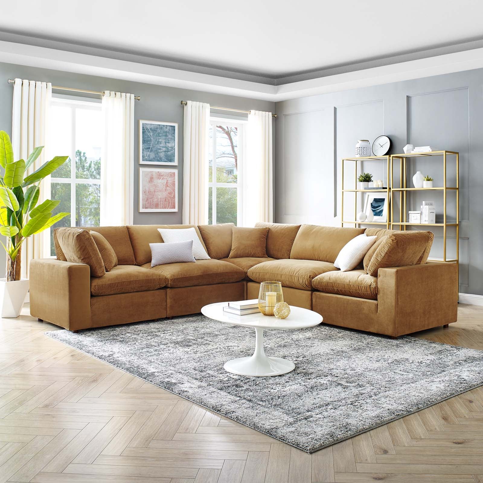 Modway Sectional Sofas - Commix Down Filled Overstuffed Performance Velvet 5 Piece Sectional Sofa Cognac