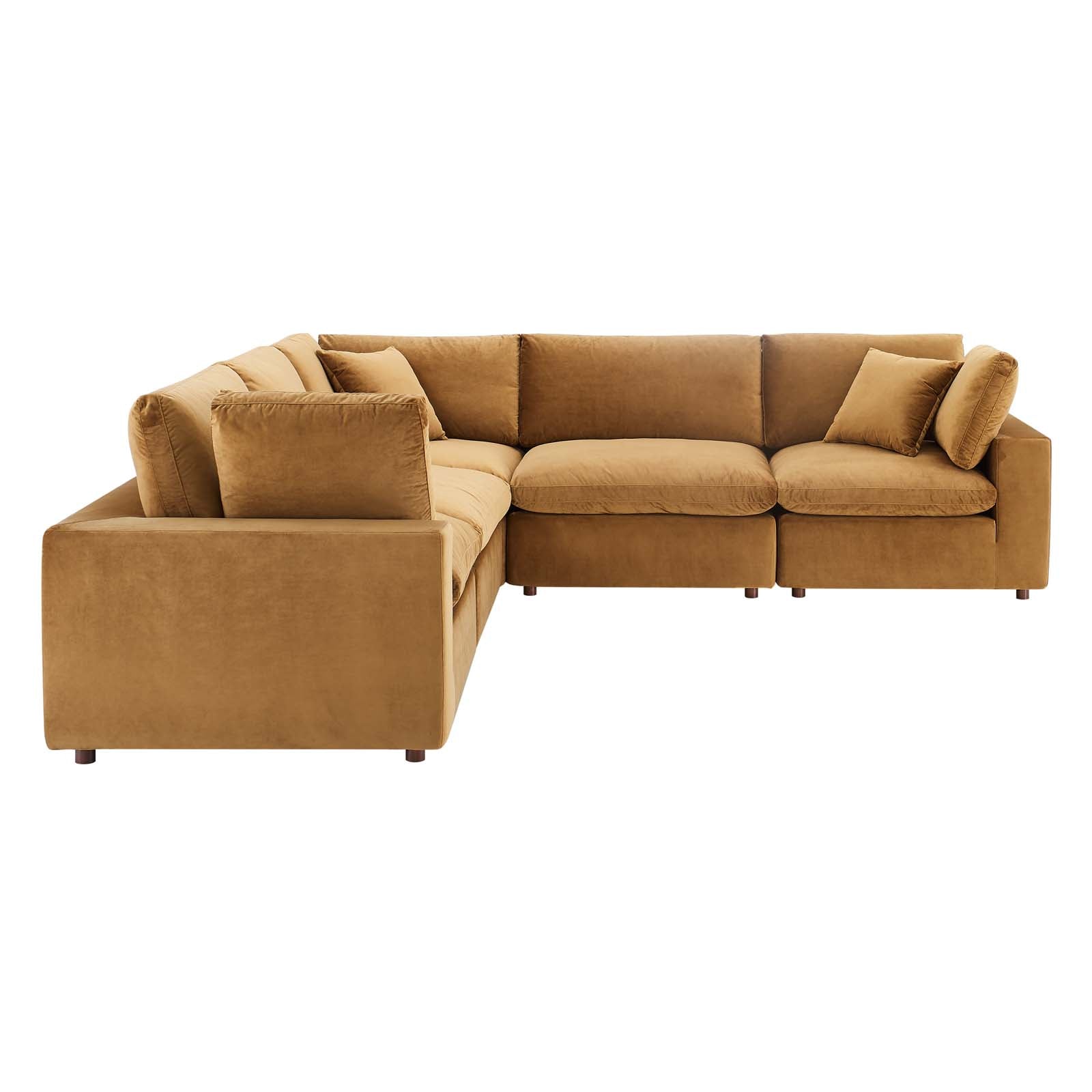 Modway Sectional Sofas - Commix Down Filled Overstuffed Performance Velvet 5 Piece Sectional Sofa Cognac