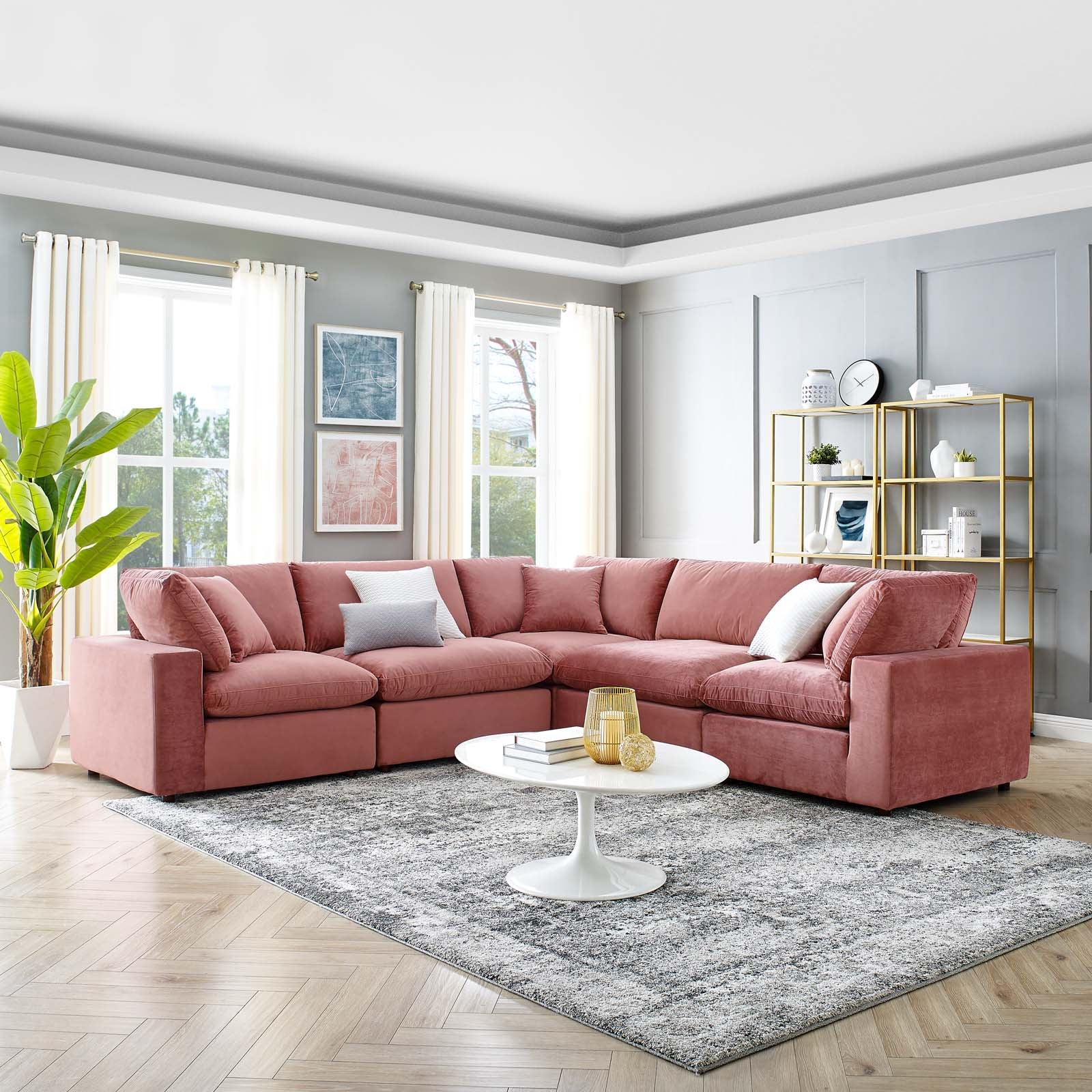 Modway Sectional Sofas - Commix Down Filled Overstuffed Performance Velvet 5-Piece Sectional Sofa Dusty Rose