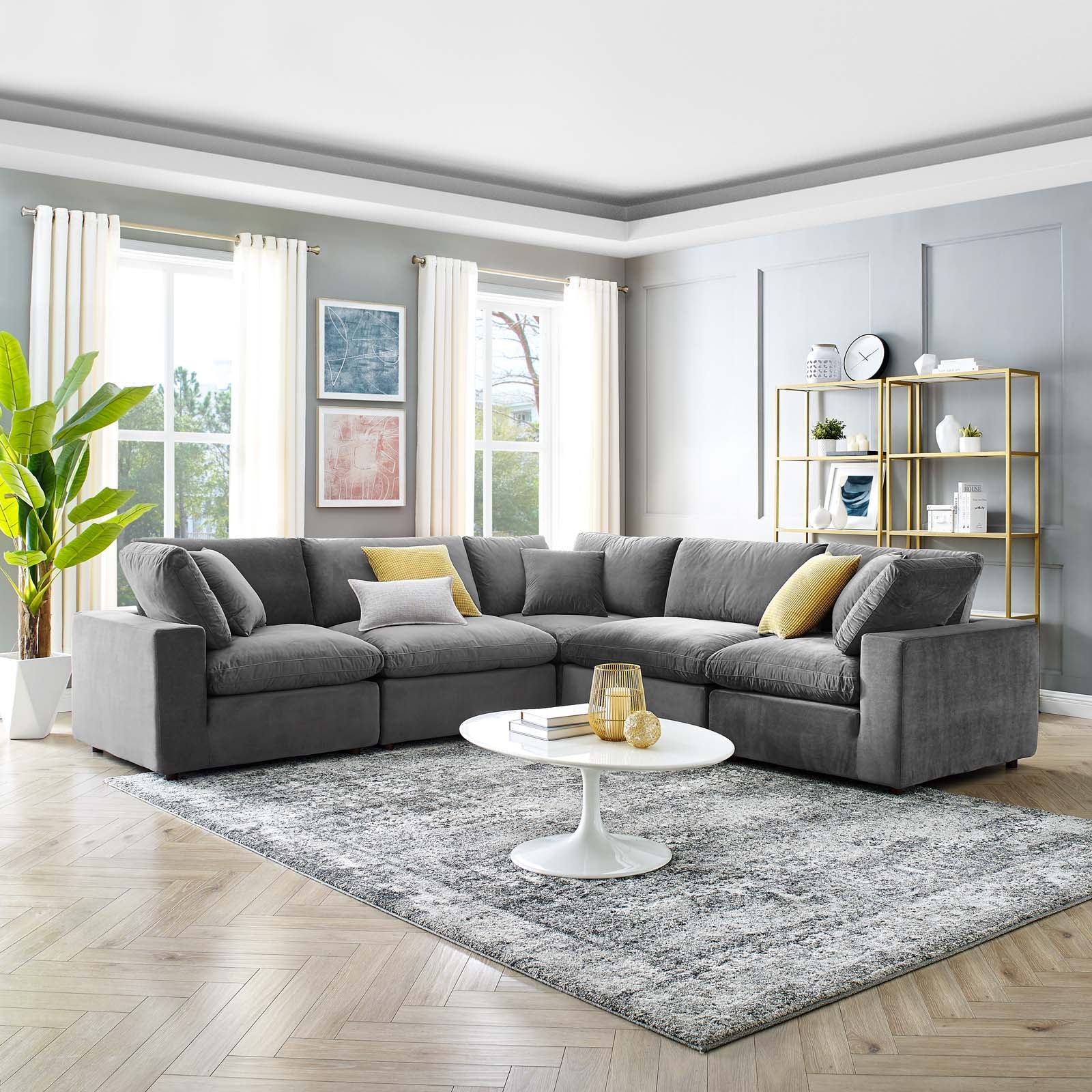 Modway Sectional Sofas - Commix Down Filled Overstuffed Performance Velvet 5-Piece Sectional Sofa Gray