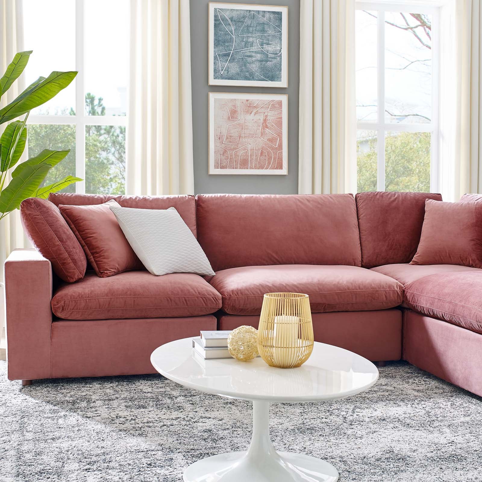 Modway Sectional Sofas - Commix Down Filled Overstuffed Performance Velvet 6-Piece Sectional Sofa Dusty Rose