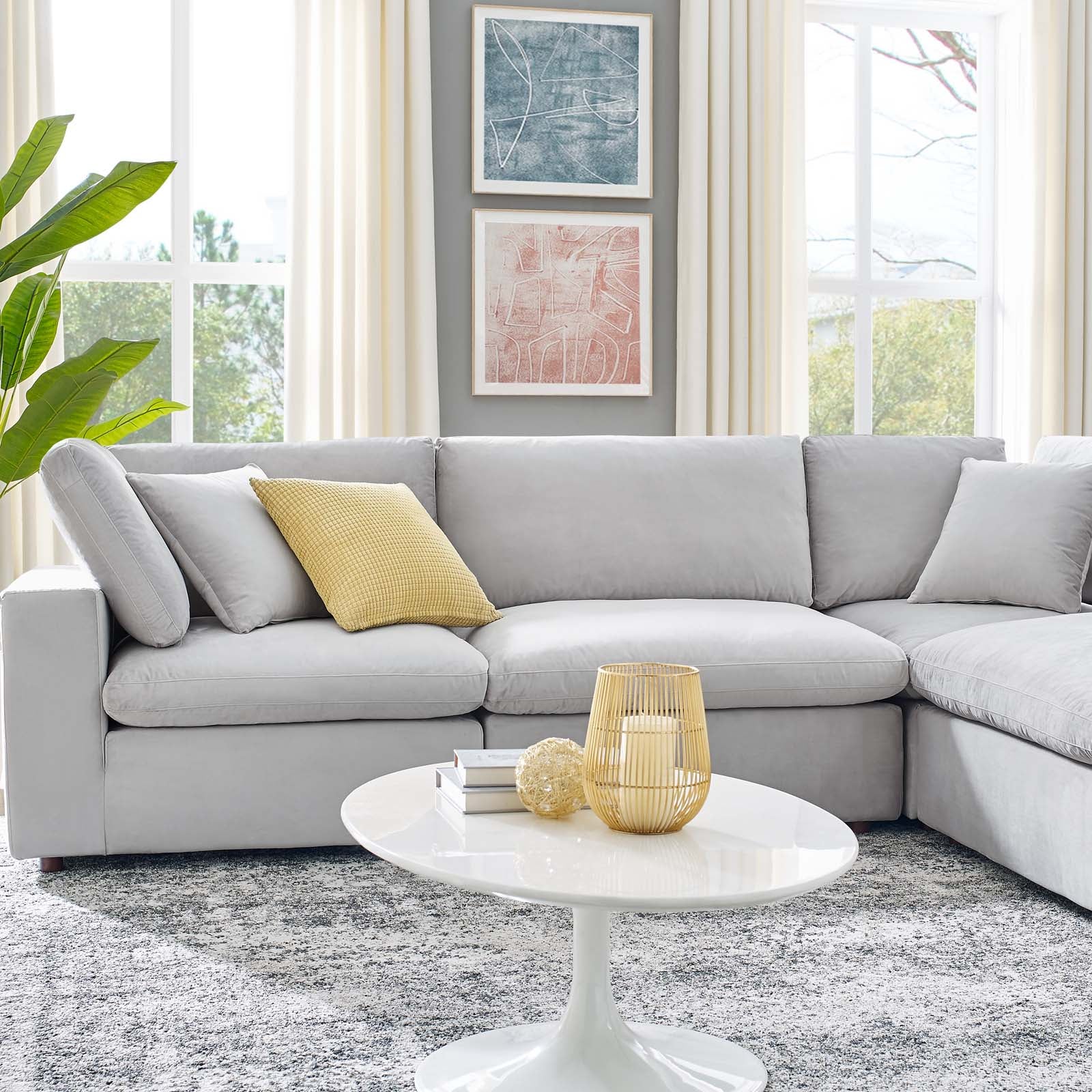 Modway Sectional Sofas - Commix Down Filled Overstuffed Performance Velvet 6-Piece Sectional Sofa Light Gray