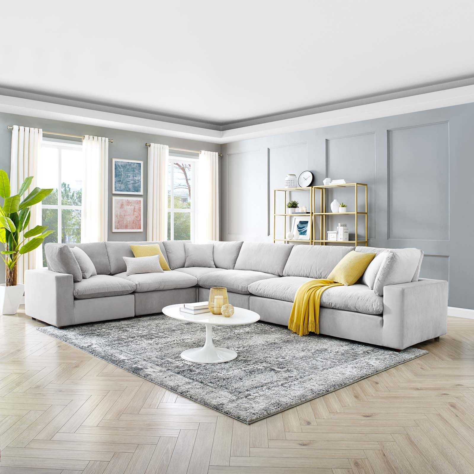 Modway Sectional Sofas - Commix Down Filled Overstuffed Performance Velvet 6-Piece Sectional Sofa Light Gray