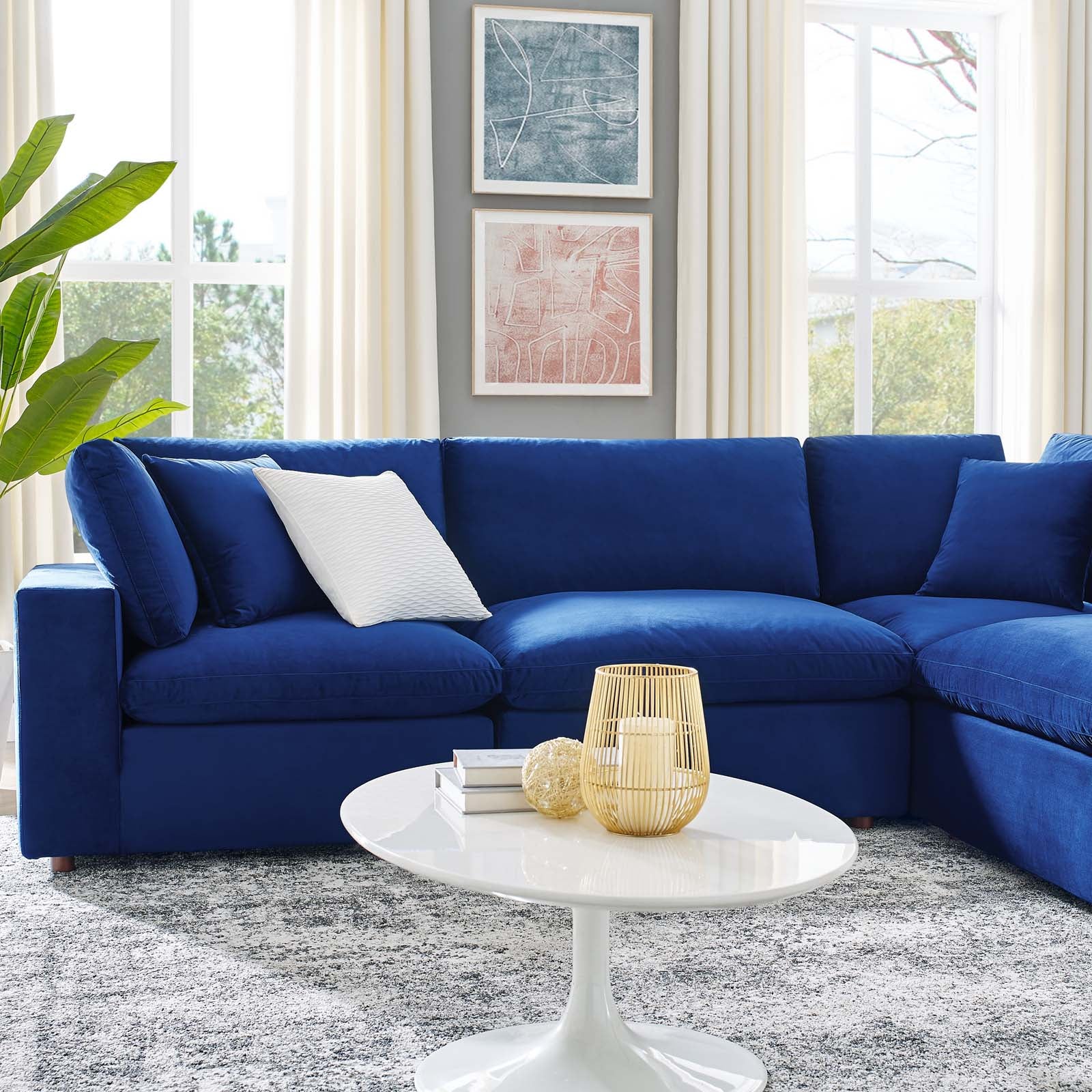 Modway Sectional Sofas - Commix Down Filled Overstuffed Performance Velvet 6-Piece Sectional Sofa Navy