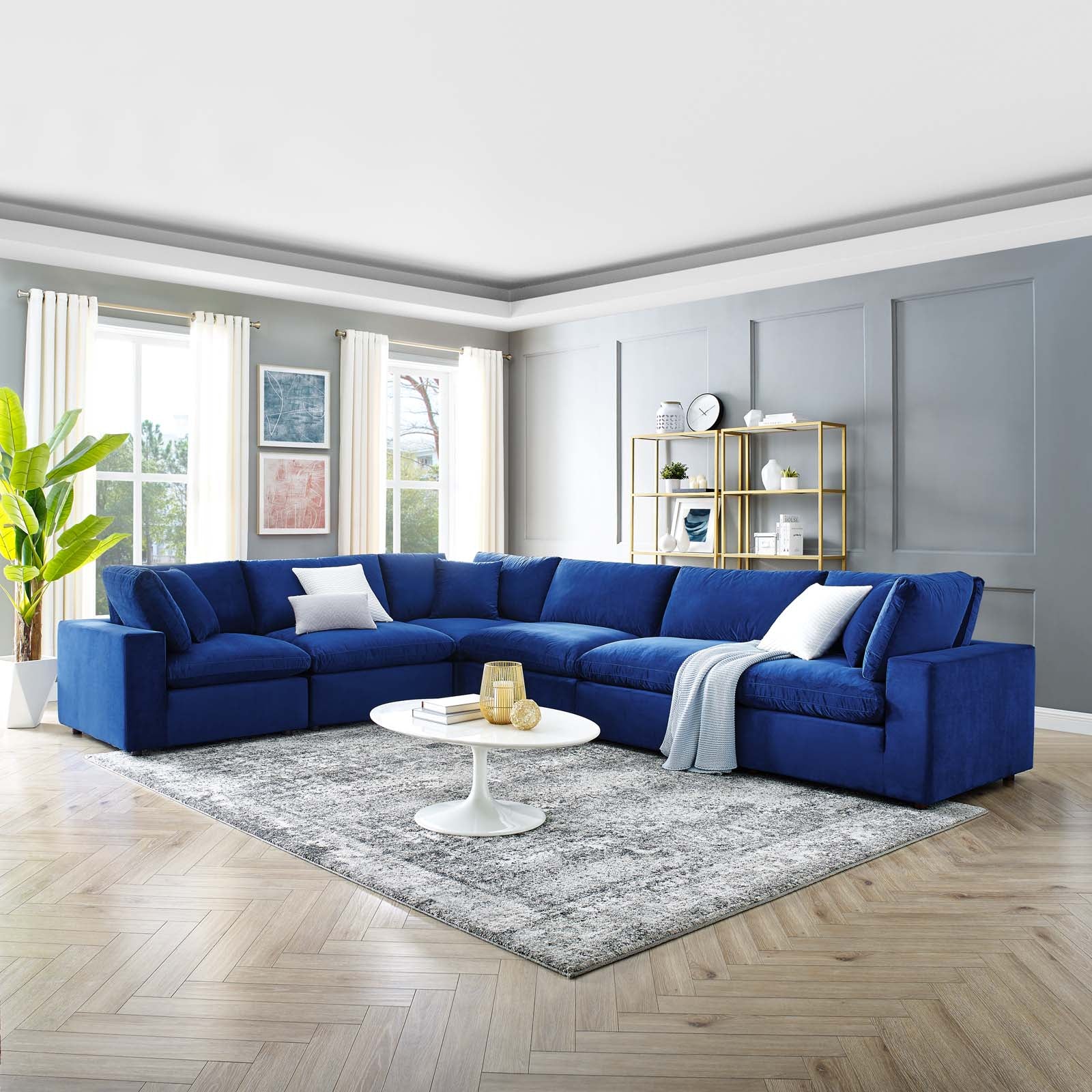 Modway Sectional Sofas - Commix Down Filled Overstuffed Performance Velvet 6-Piece Sectional Sofa Navy