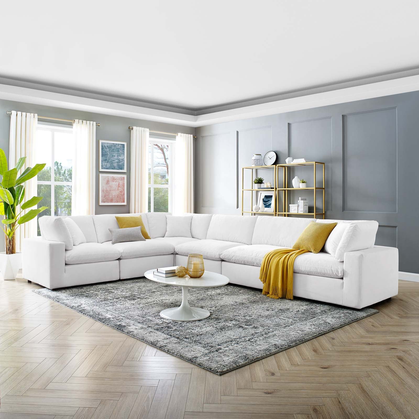 Modway Sectional Sofas - Commix Down Filled Overstuffed Performance Velvet 6-Piece Sectional Sofa White