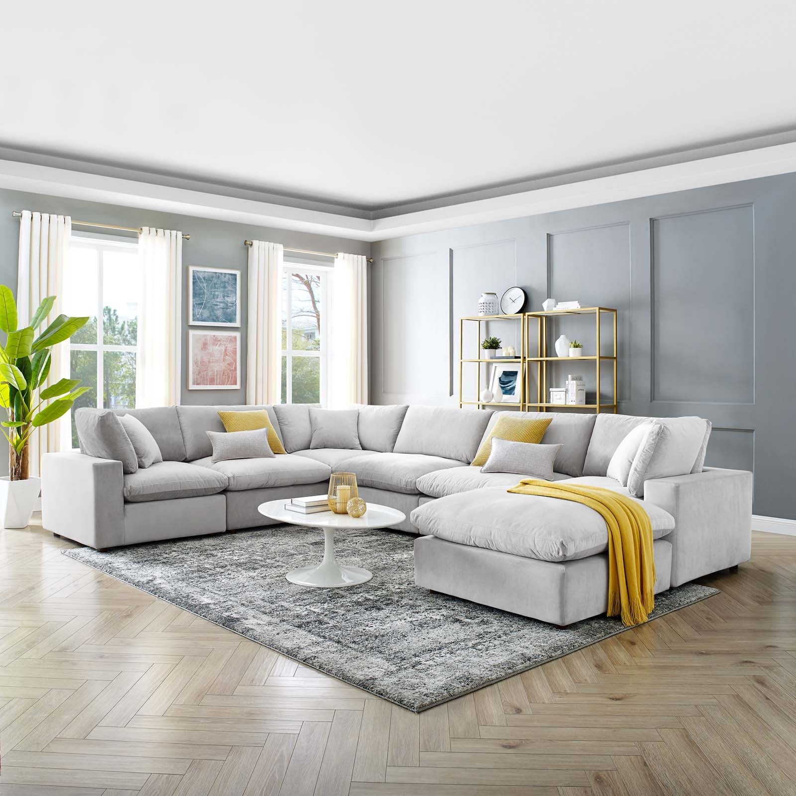 Modway Sectional Sofas - Commix Down Filled Overstuffed Performance Velvet 7 Piece Sectional Sofa Light Gray