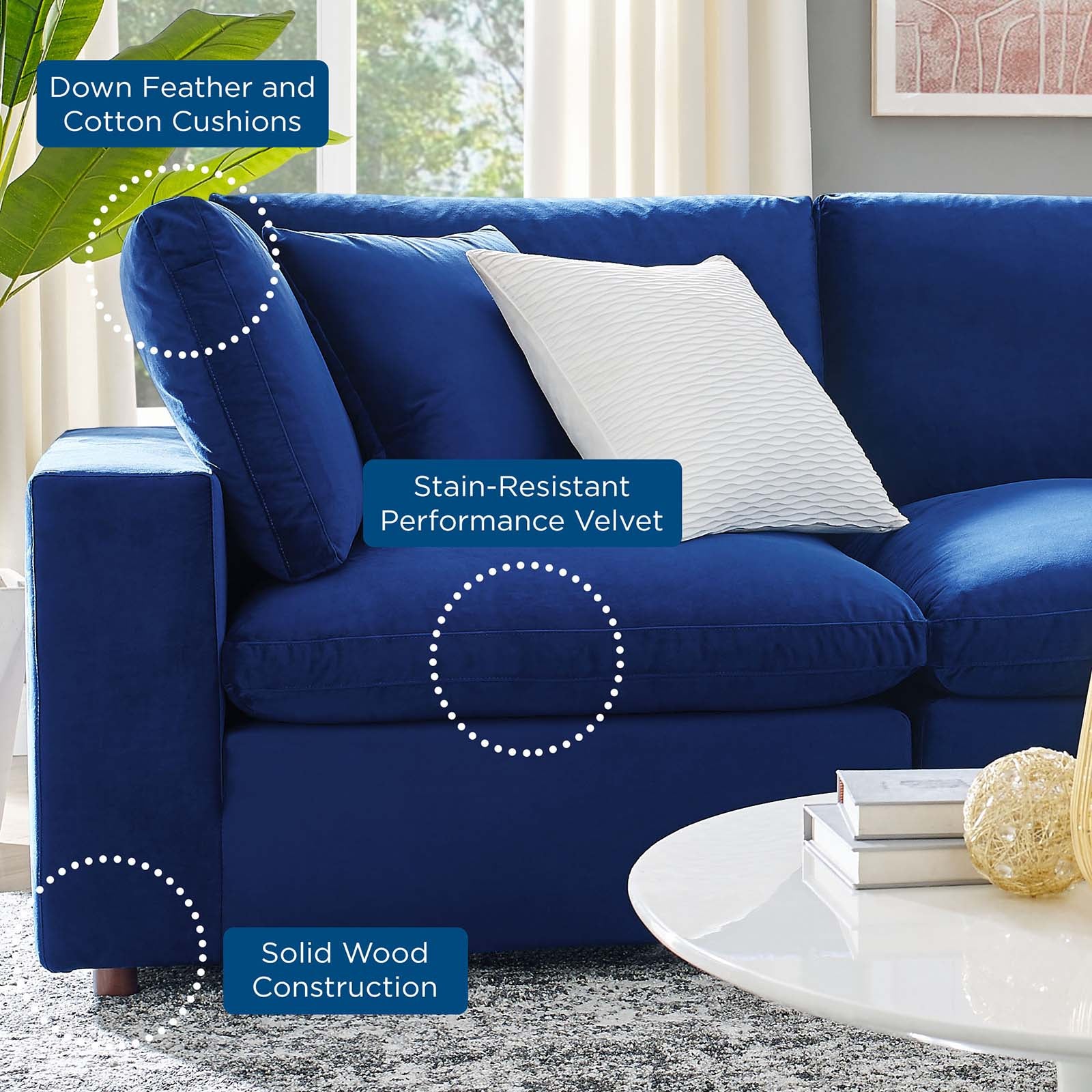 Modway Sectional Sofas - Commix Down Filled Overstuffed Performance Velvet 7-Piece Sectional Sofa Navy