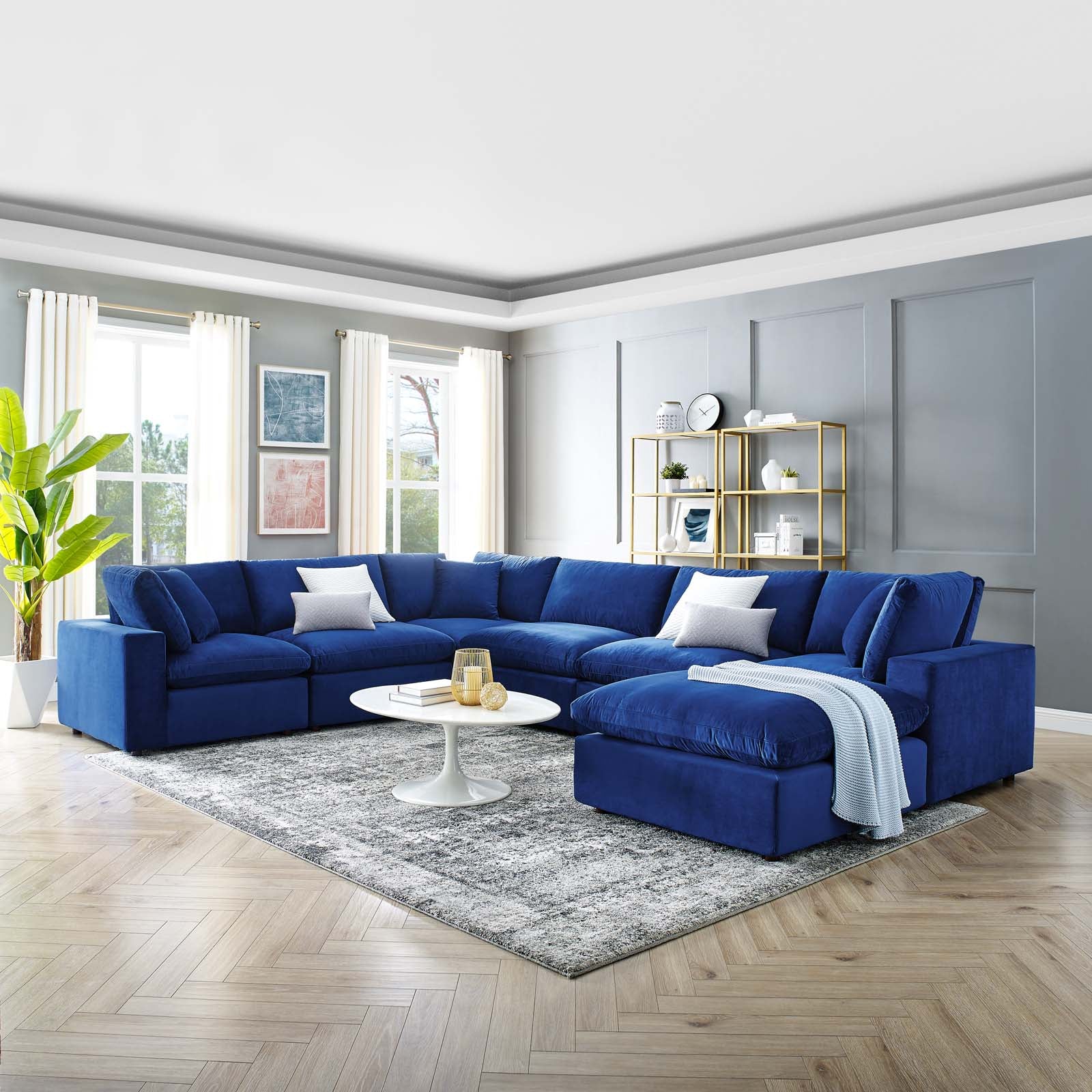 Modway Sectional Sofas - Commix Down Filled Overstuffed Performance Velvet 7-Piece Sectional Sofa Navy