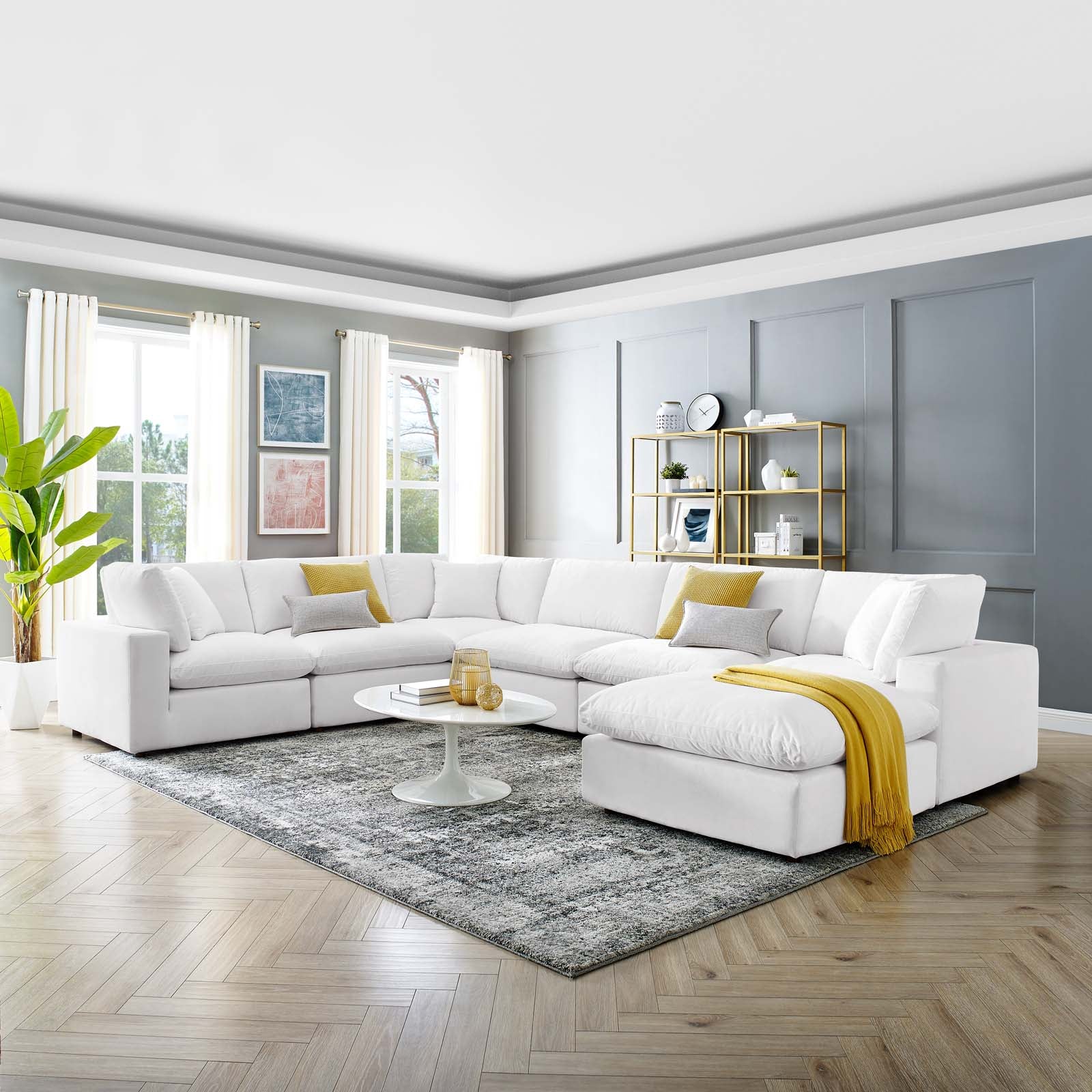 Modway Sectional Sofas - Commix Down Filled Overstuffed Performance Velvet 7-Piece Sectional Sofa White