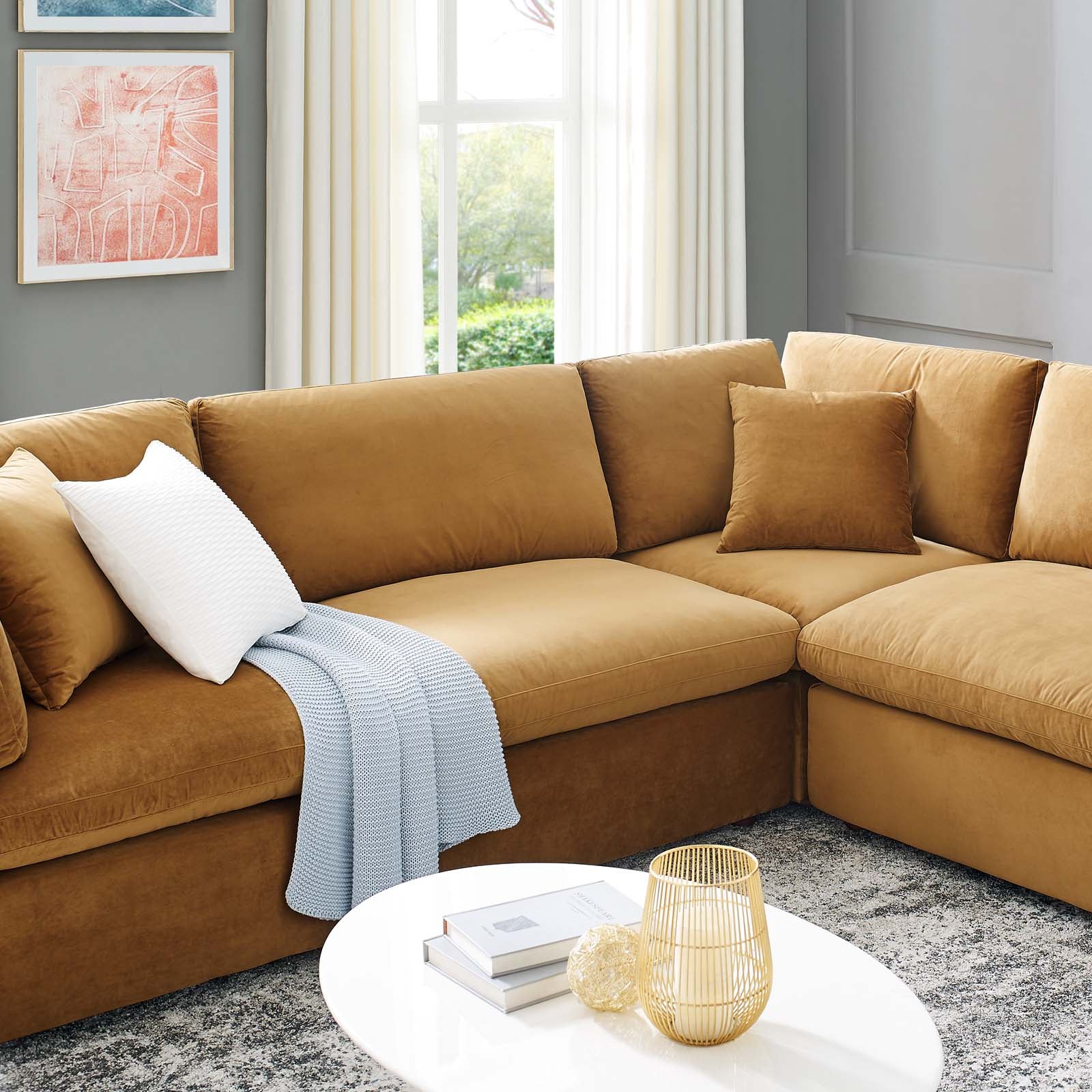 Modway Sectional Sofas - Commix Down Filled Overstuffed Performance Velvet 8 Piece Sectional Sofa Cognac