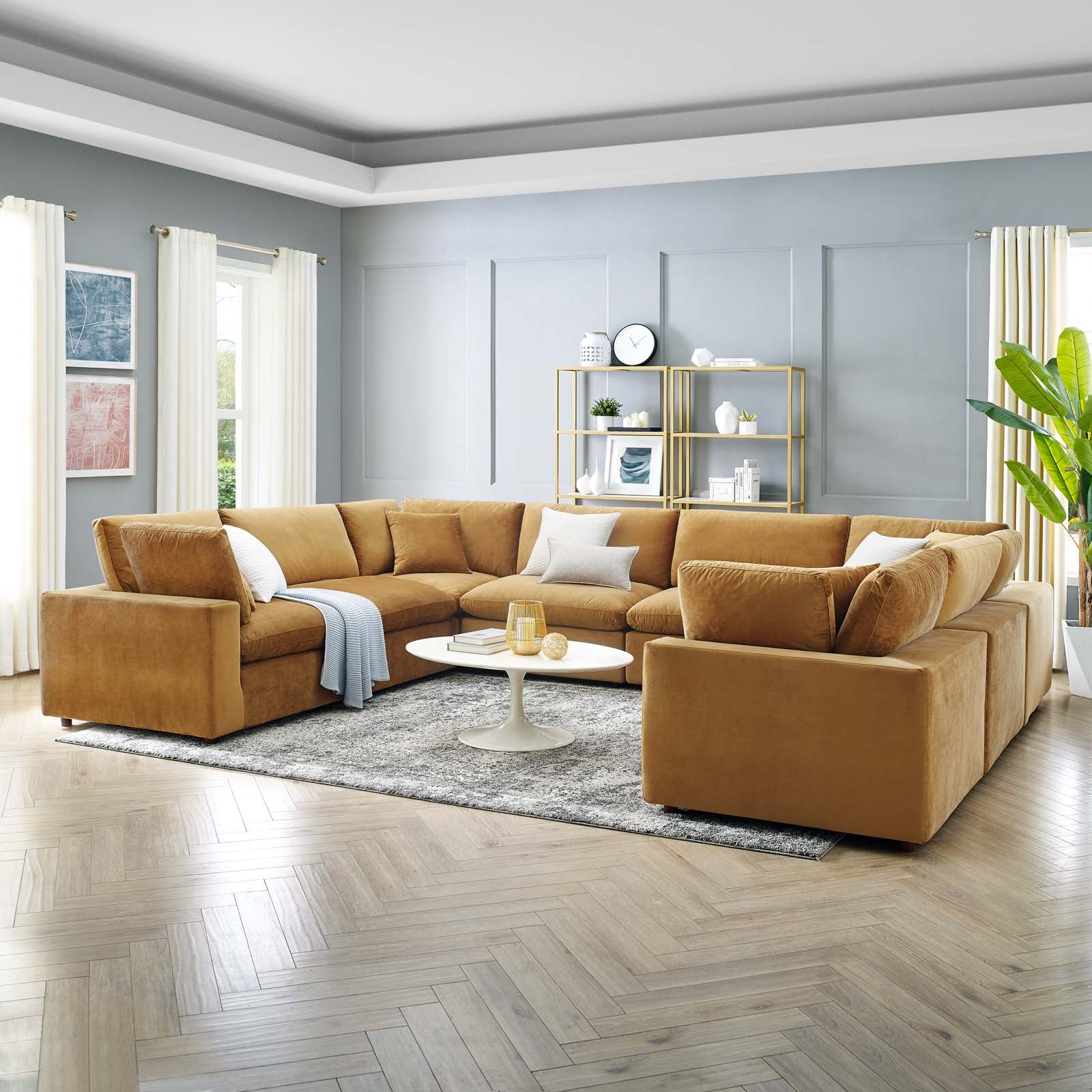 Modway Sectional Sofas - Commix Down Filled Overstuffed Performance Velvet 8 Piece Sectional Sofa Cognac