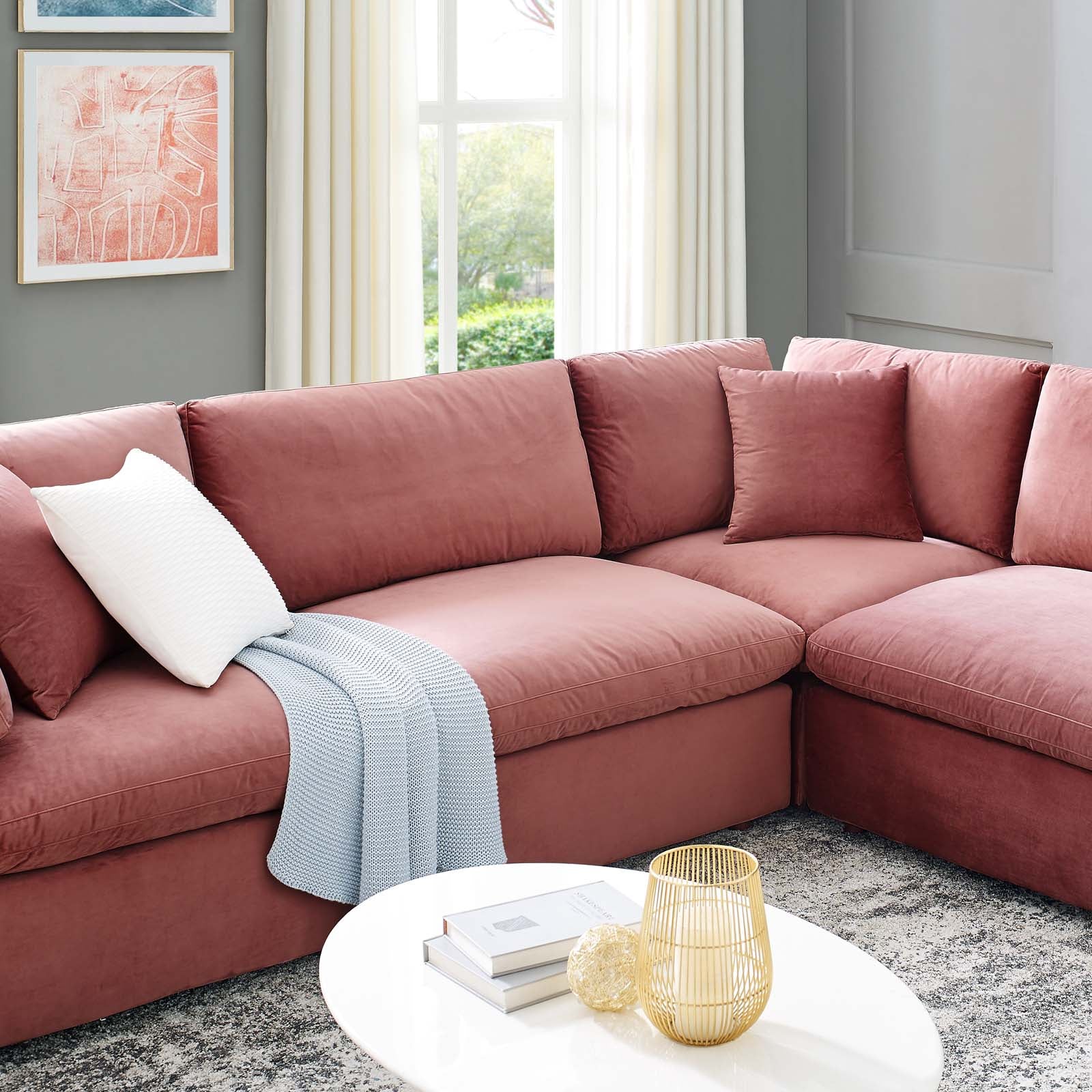 Modway Sectional Sofas - Commix Down Filled Overstuffed Performance Velvet 8-Piece Sectional Sofa Dusty Rose