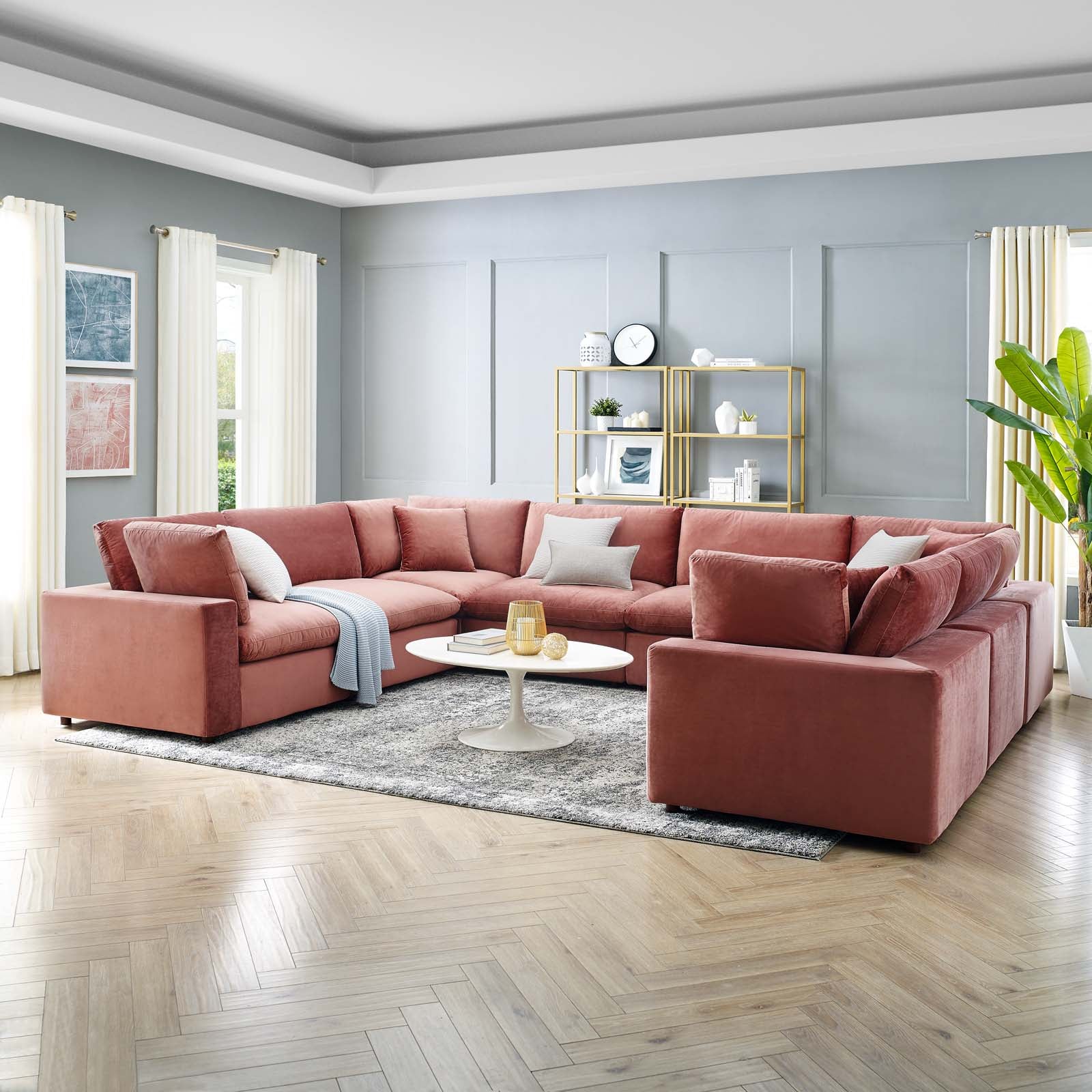 Modway Sectional Sofas - Commix Down Filled Overstuffed Performance Velvet 8-Piece Sectional Sofa Dusty Rose