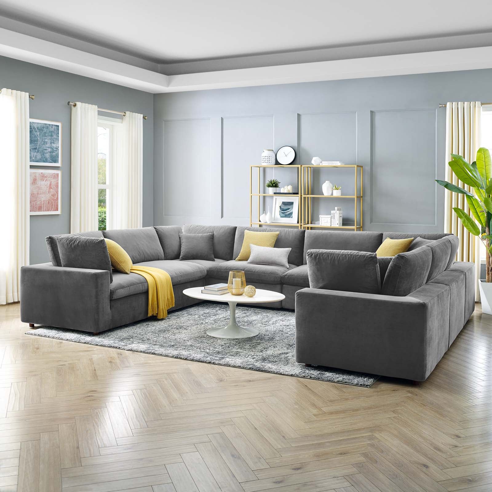 Modway Sectional Sofas - Commix Down Filled Overstuffed Performance Velvet 8-Piece Sectional Sofa Gray