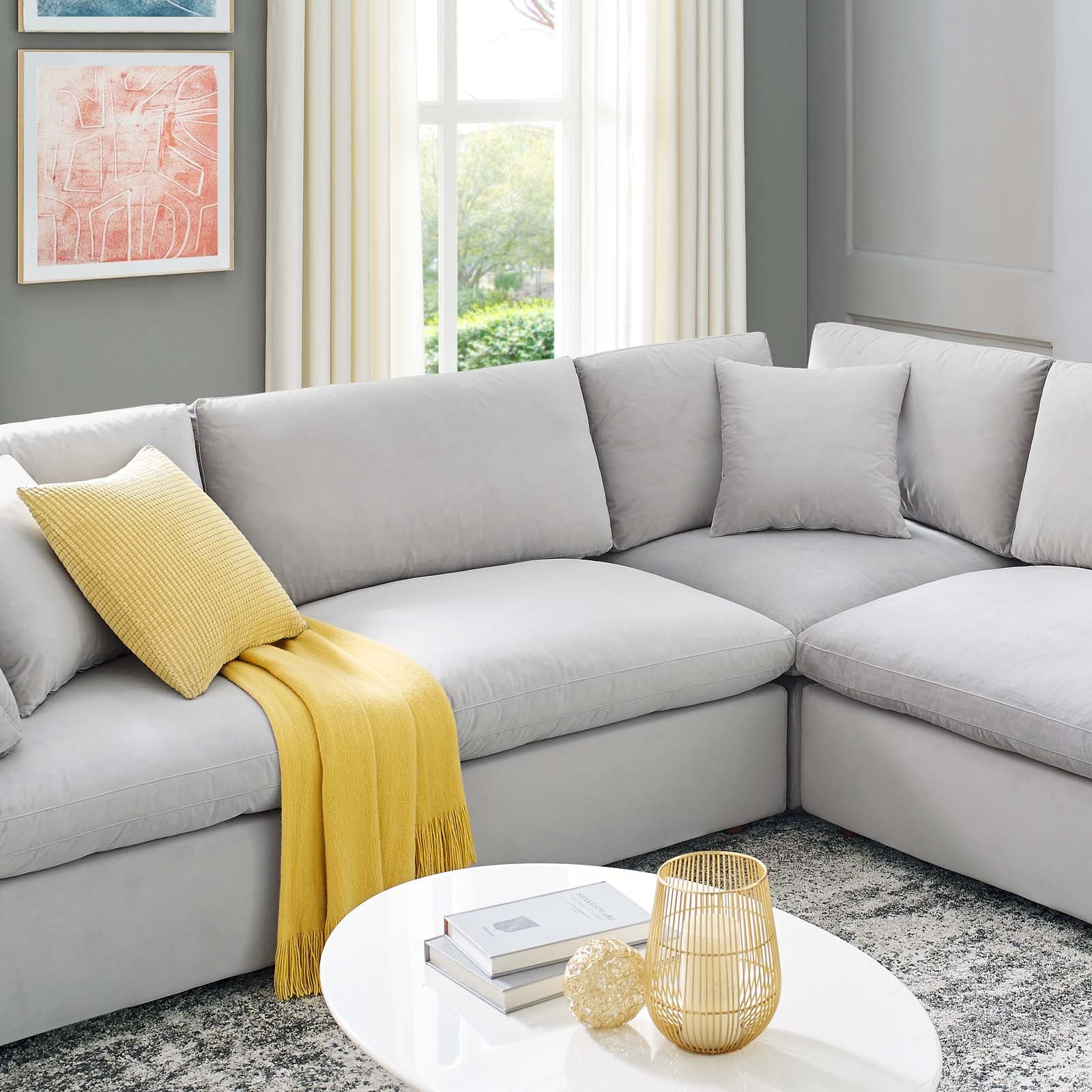 Modway Sectional Sofas - Commix-Down-Filled-Overstuffed-Performance-Velvet- 8-Piece-Sectional-Sofa-Light-Gray