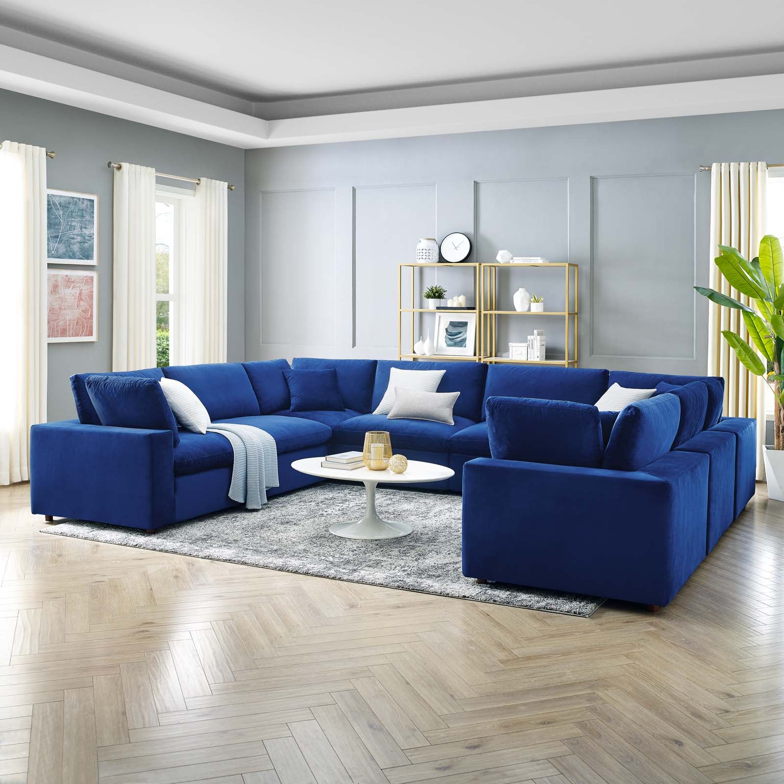 Modway Sectional Sofas - Commix Down Filled Overstuffed Performance Velvet 8-Piece Sectional Sofa Navy
