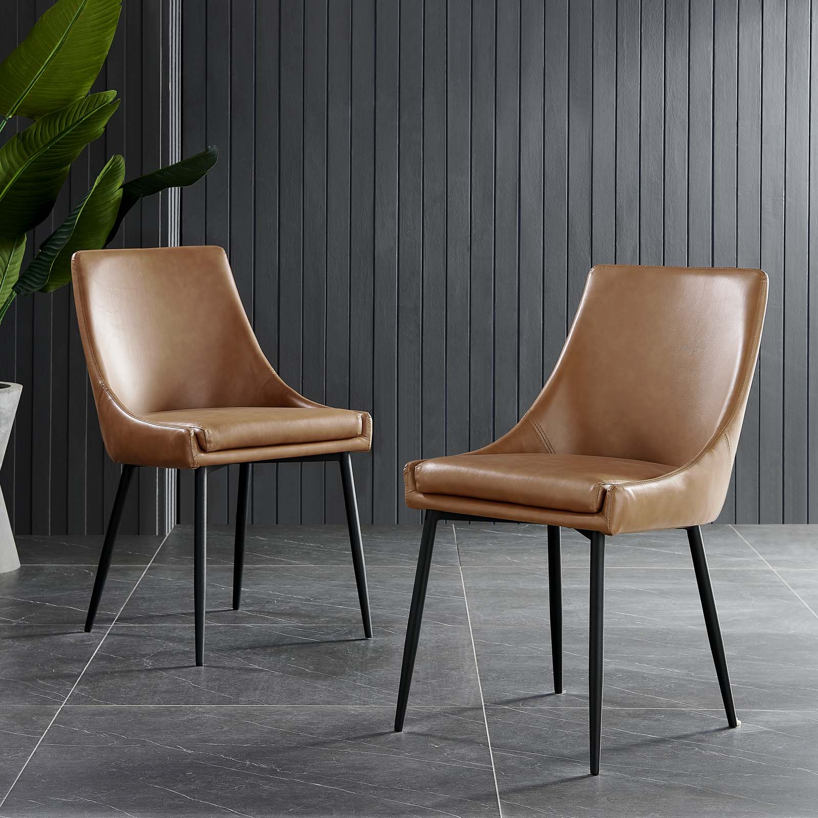 Modway Dining Chairs - Viscount Vegan Leather Dining Chairs - Set Of 2 Black Tan