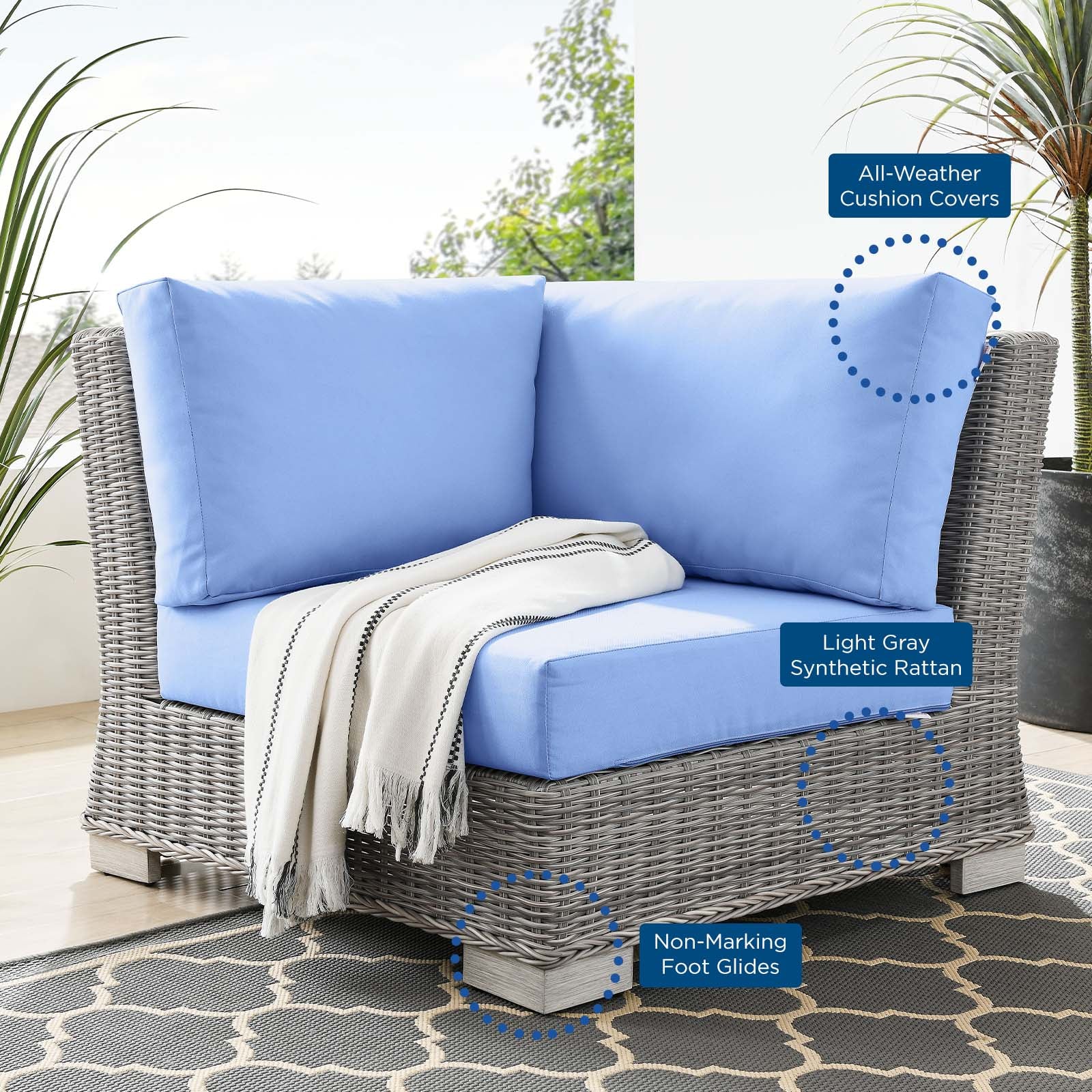 Modway Outdoor Chairs - Conway Outdoor Patio Wicker Rattan Corner Chair Light Gray Light Blue