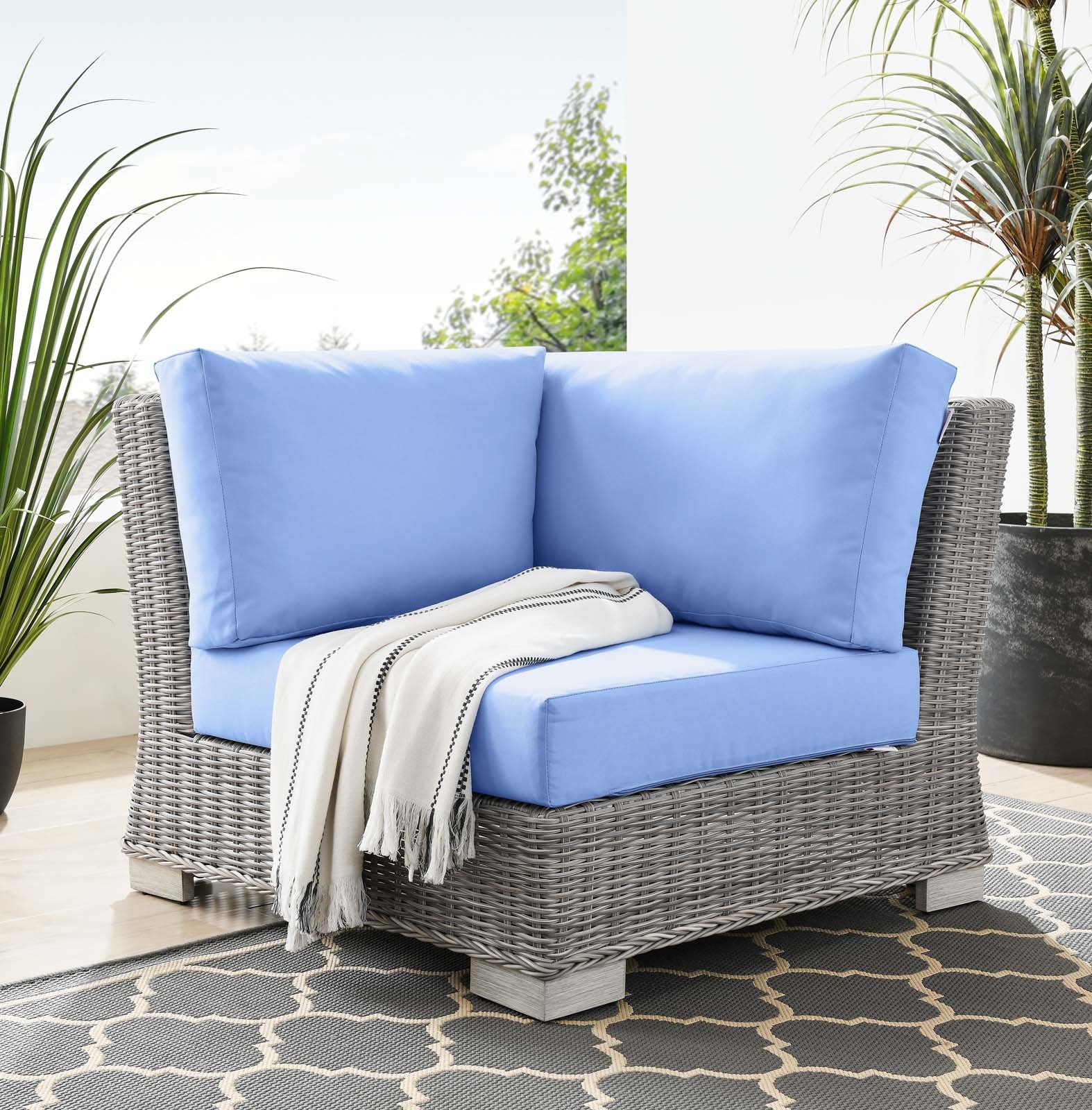 Modway Outdoor Chairs - Conway Outdoor Patio Wicker Rattan Corner Chair Light Gray Light Blue
