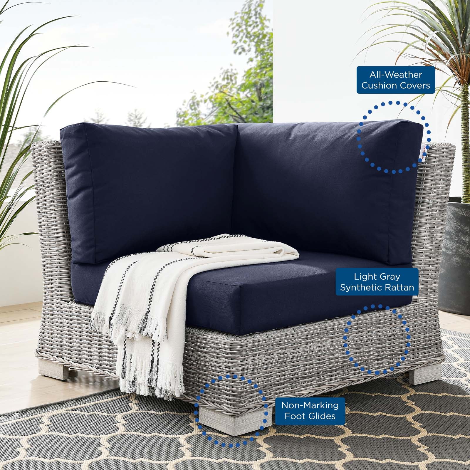 Modway Outdoor Chairs - Conway Outdoor Patio Wicker Rattan Corner Chair Light Gray Navy