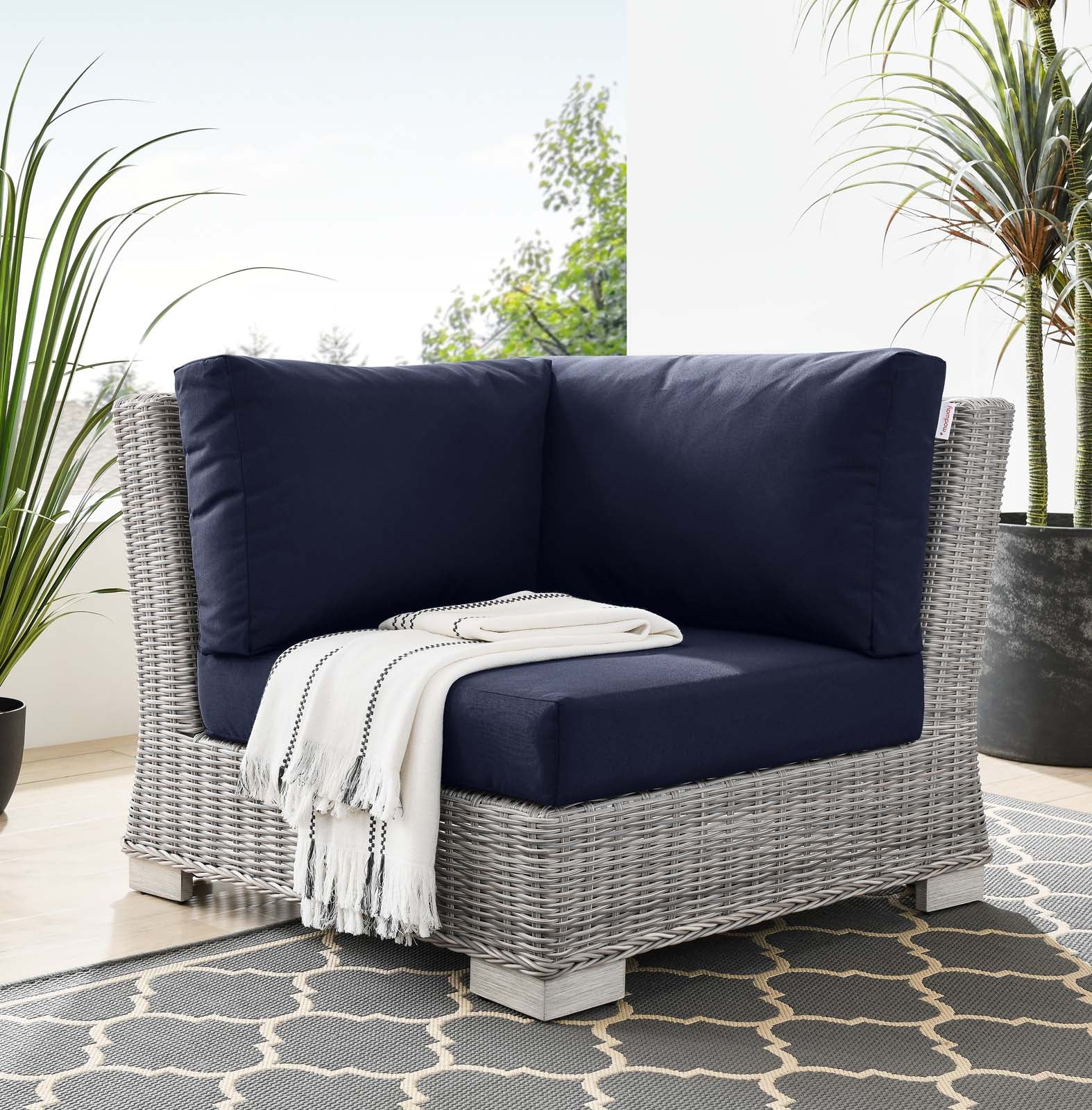 Modway Outdoor Chairs - Conway Outdoor Patio Wicker Rattan Corner Chair Light Gray Navy