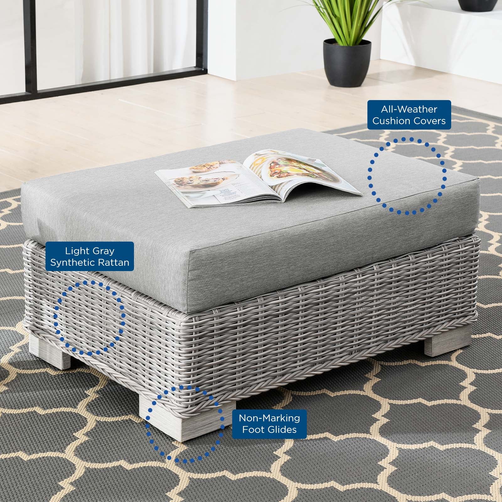 Modway Outdoor Ottomans - Conway Outdoor Patio Wicker Rattan Ottoman Light Gray