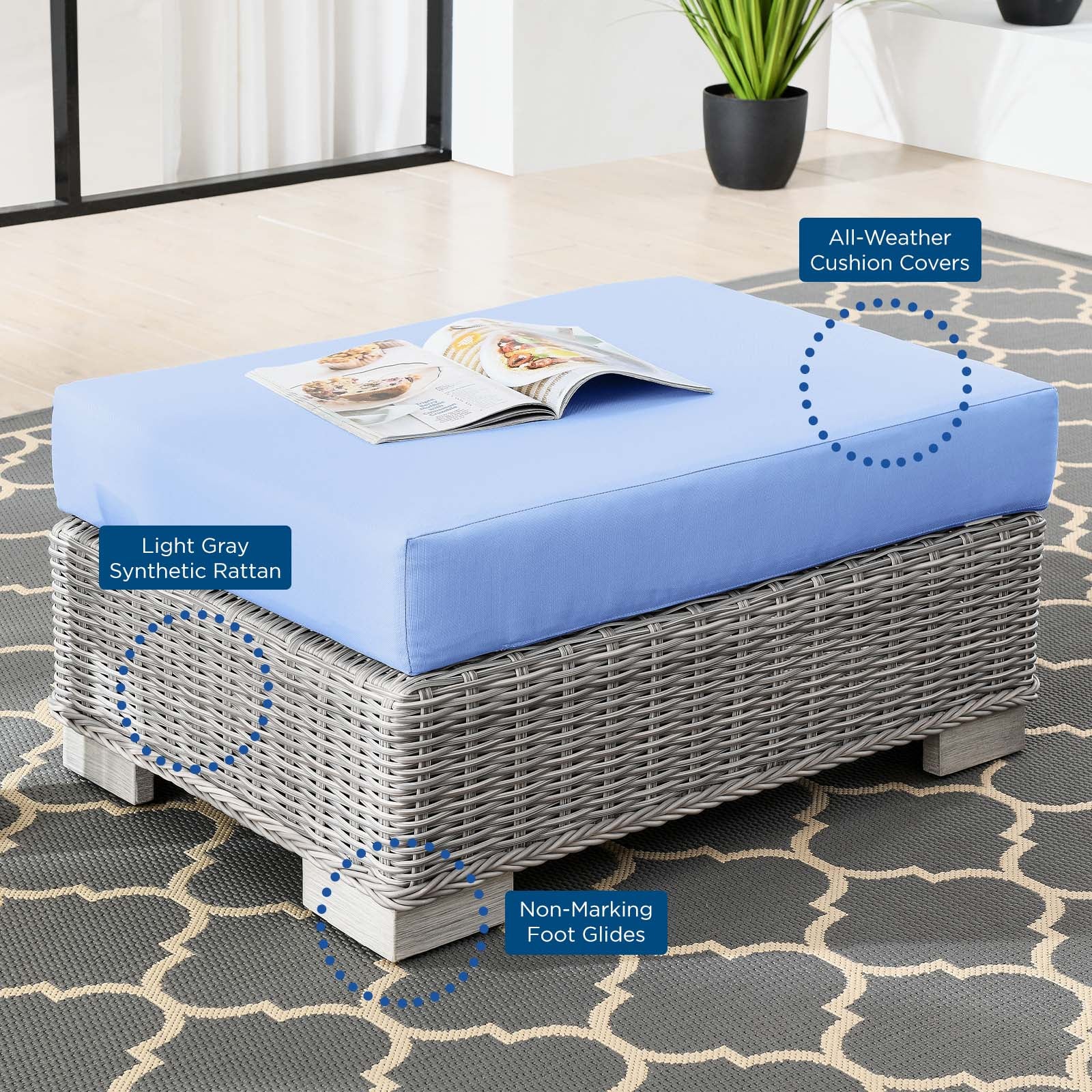 Modway Outdoor Ottomans - Conway Outdoor Patio Wicker Rattan Ottoman Light Gray Light Blue