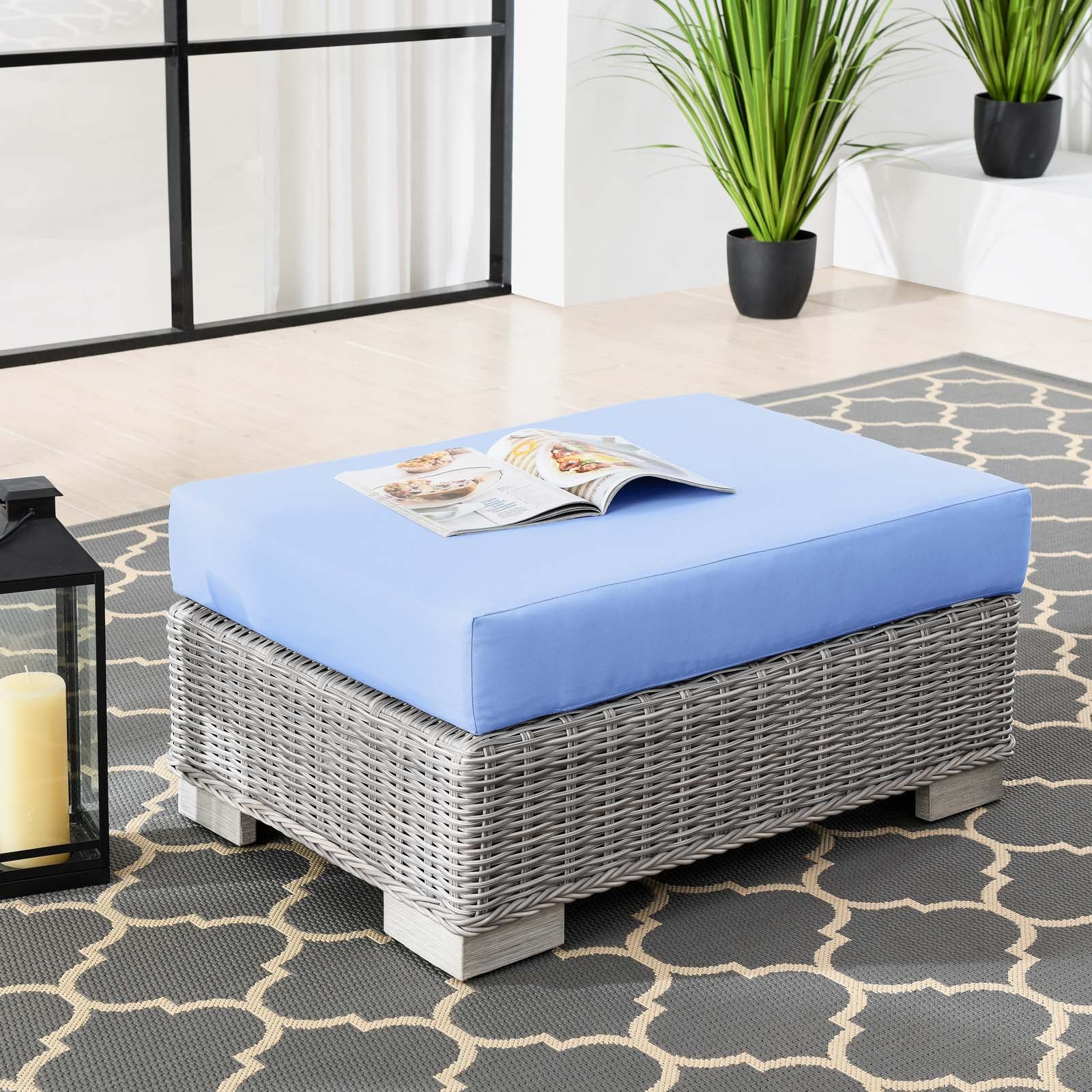 Modway Outdoor Ottomans - Conway Outdoor Patio Wicker Rattan Ottoman Light Gray Light Blue