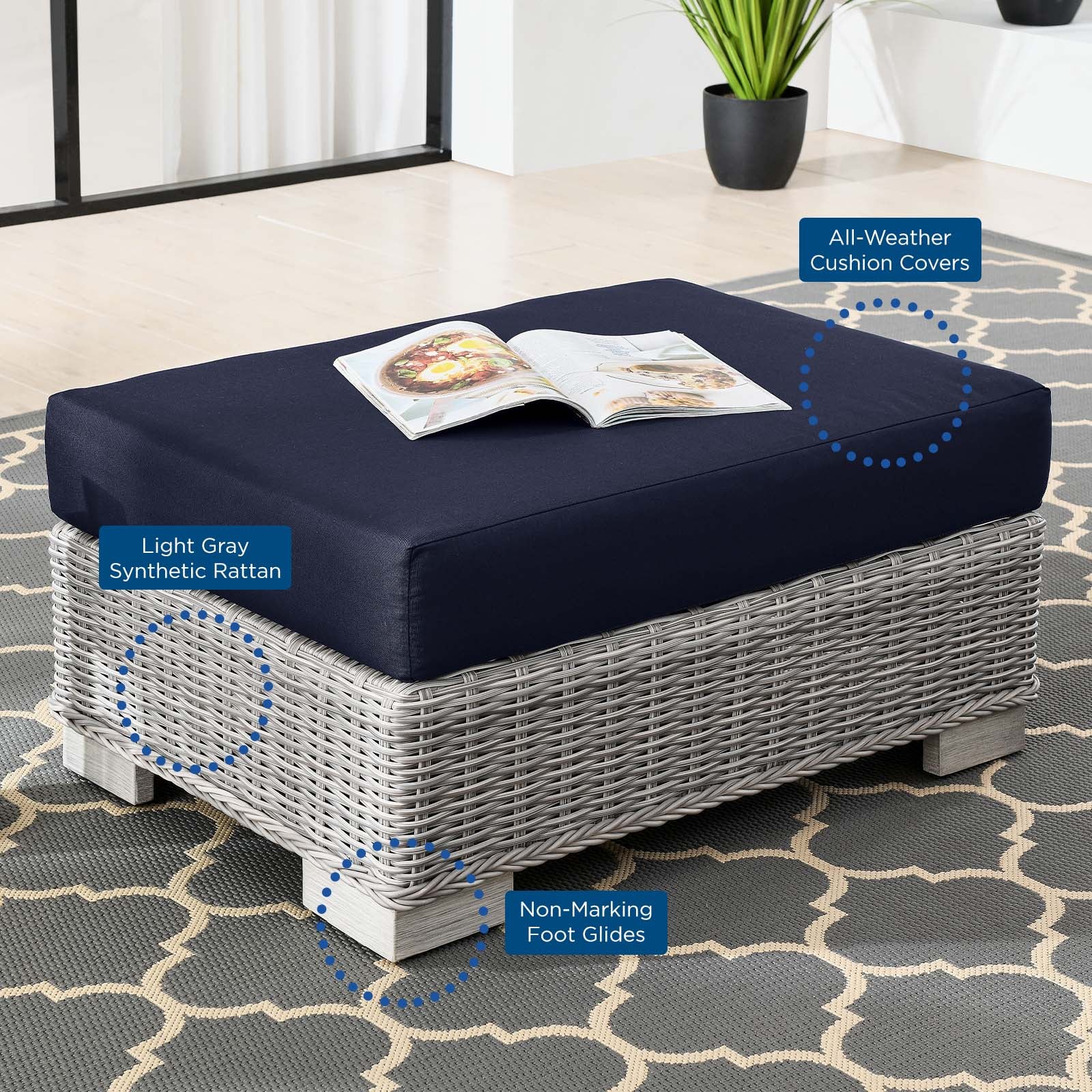 Modway Outdoor Ottomans - Conway Outdoor Patio Wicker Rattan Ottoman Light Gray Navy