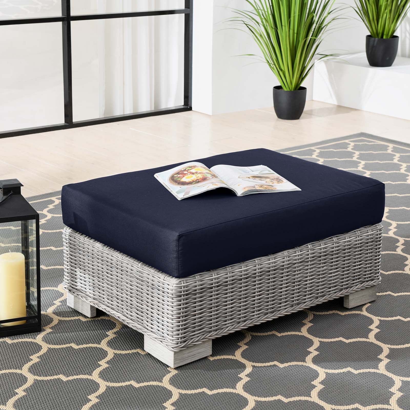Modway Outdoor Ottomans - Conway Outdoor Patio Wicker Rattan Ottoman Light Gray Navy